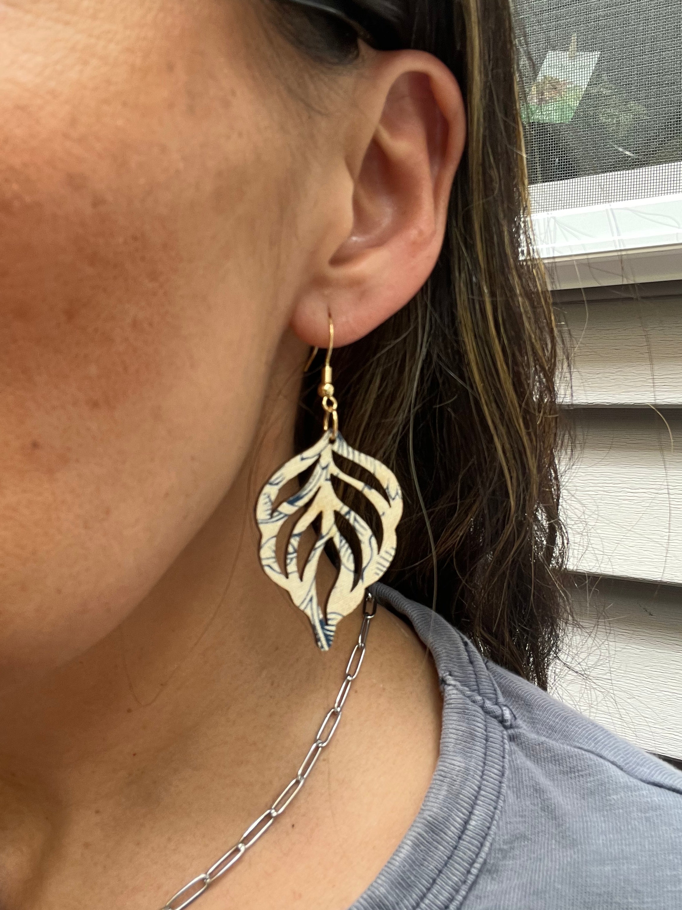 Upcycled Blue and Cream Floral Feather Leaf Earrings