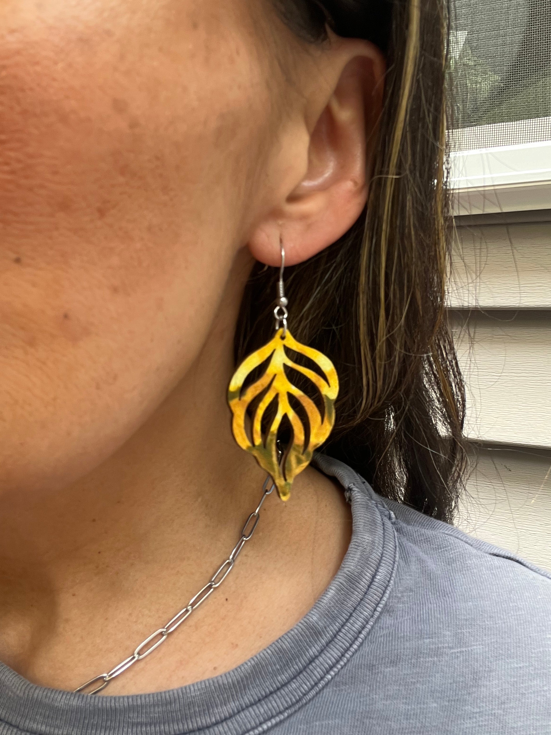 Upcycled Yellow Feather Leaf Earrings