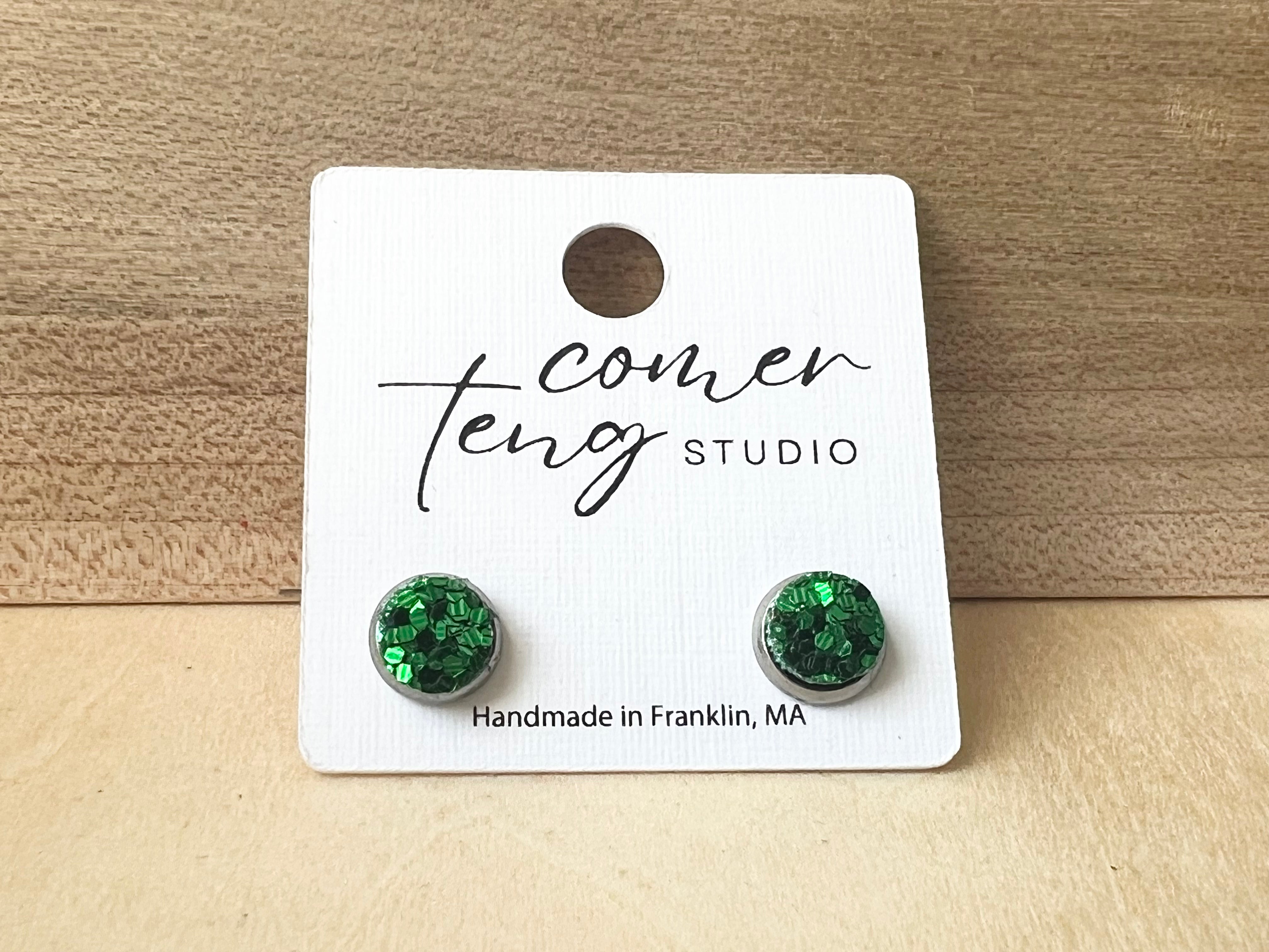 Stainless Steel Mini Green Sparkle Stud Earrings