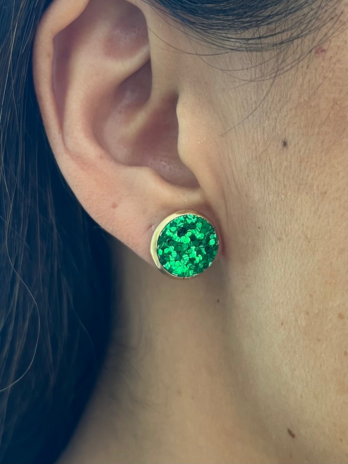 Gold Large Green Sparkle Stud Earrings