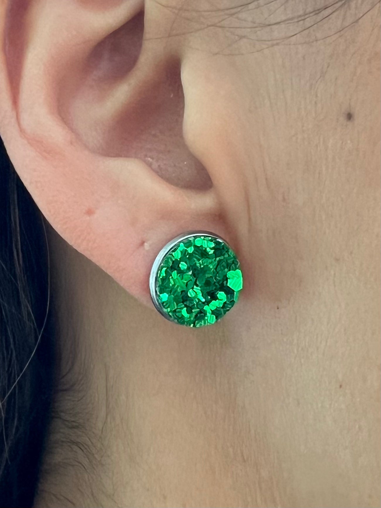 Stainless Steel Large Green Sparkle Stud Earrings