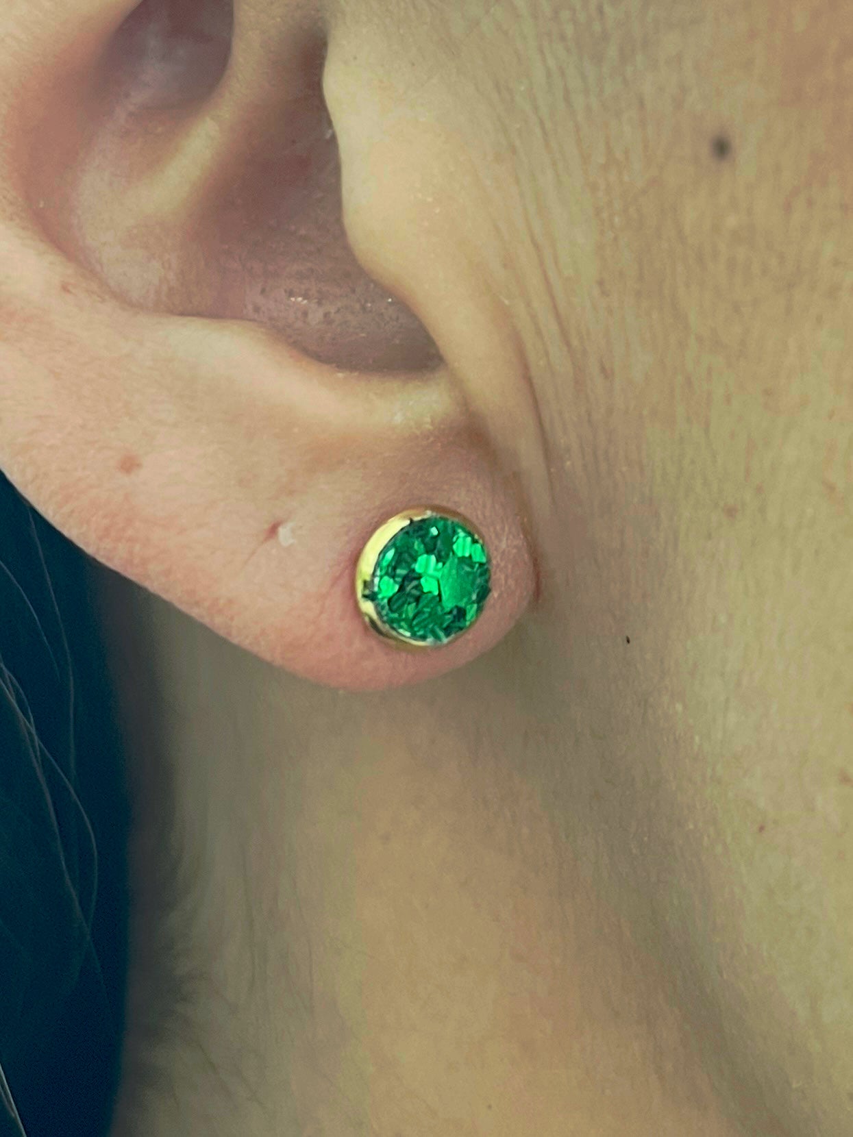 Gold Mini Green Sparkle Stud Earrings