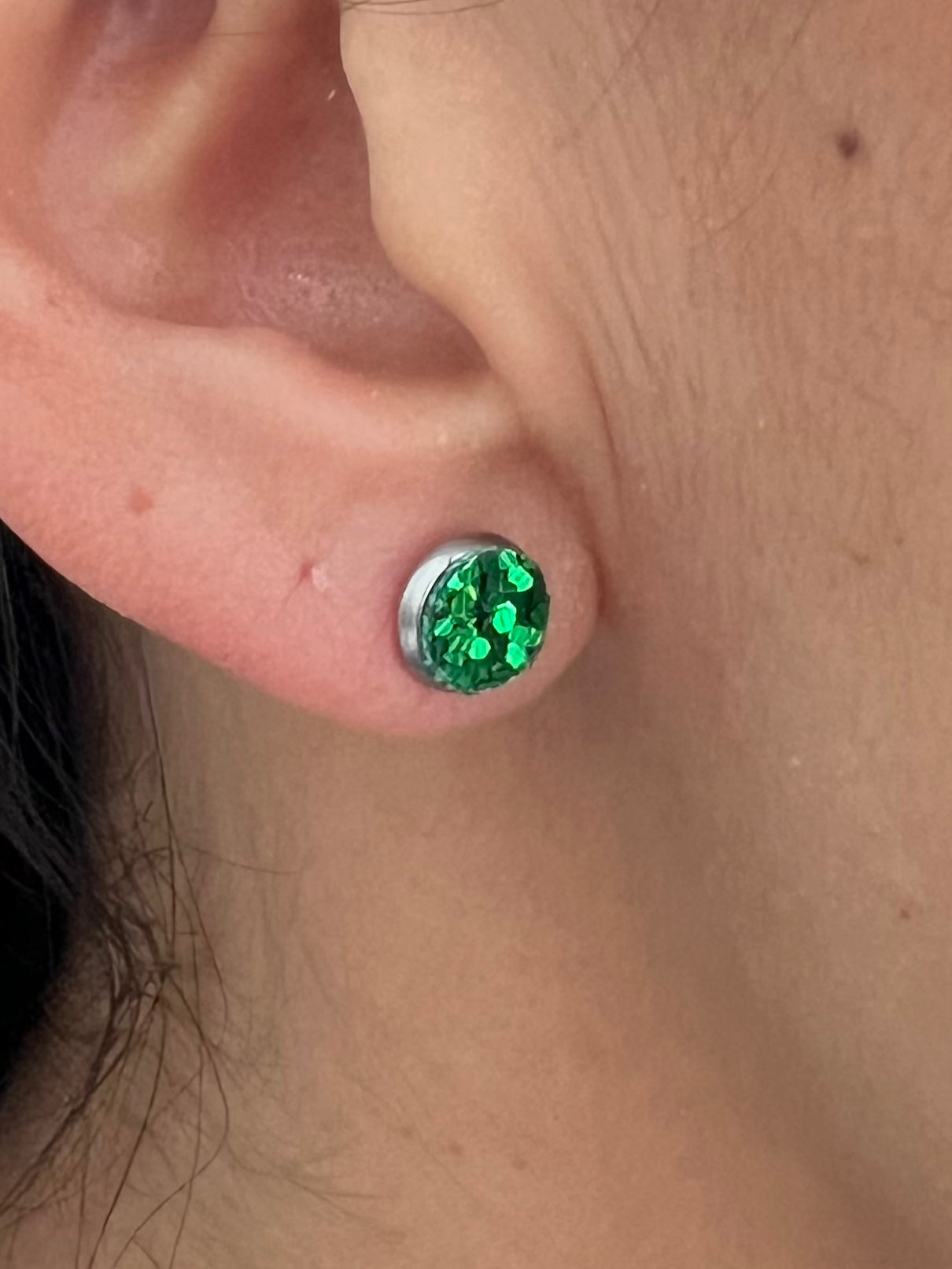 Stainless Steel Small Green Sparkle Stud Earrings