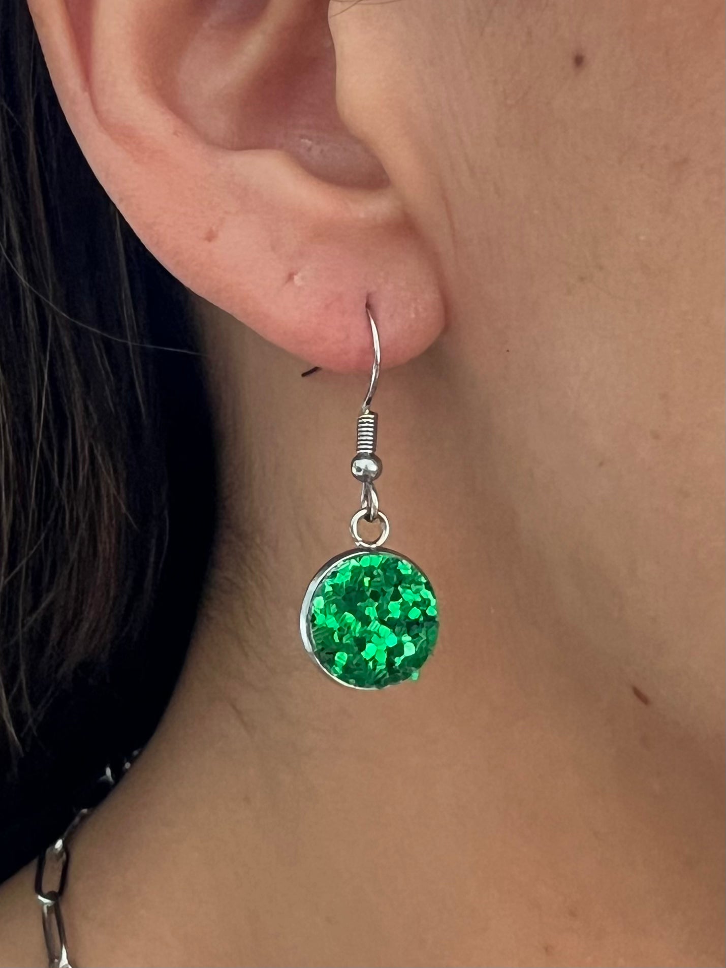 Stainless Steel Green Sparkle Mini Lantern Dot Earrings