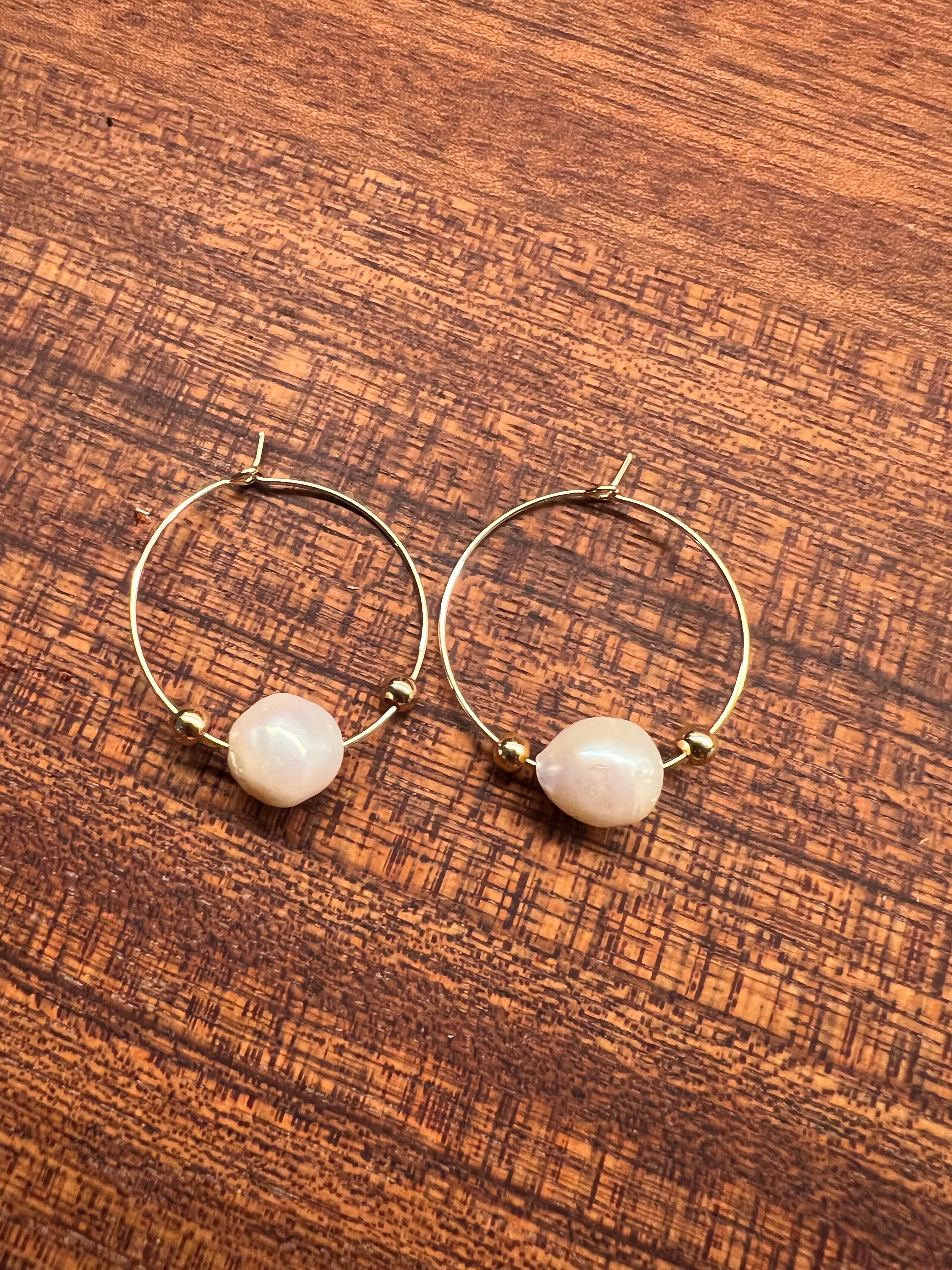 Fresh Water Large Pearl and Gold Beaded Hoops