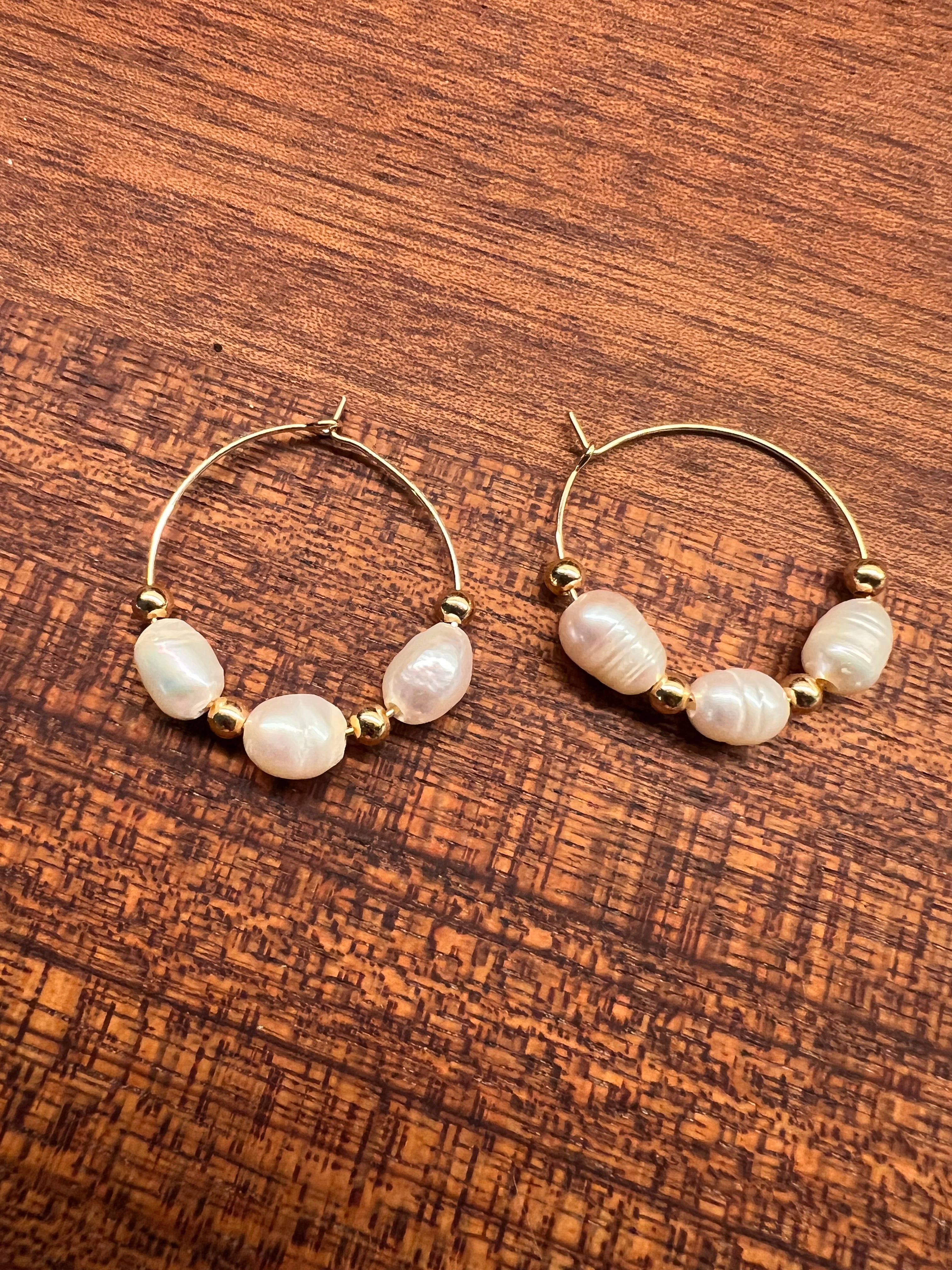 Fresh Water Pearl and Gold Beaded Hoops