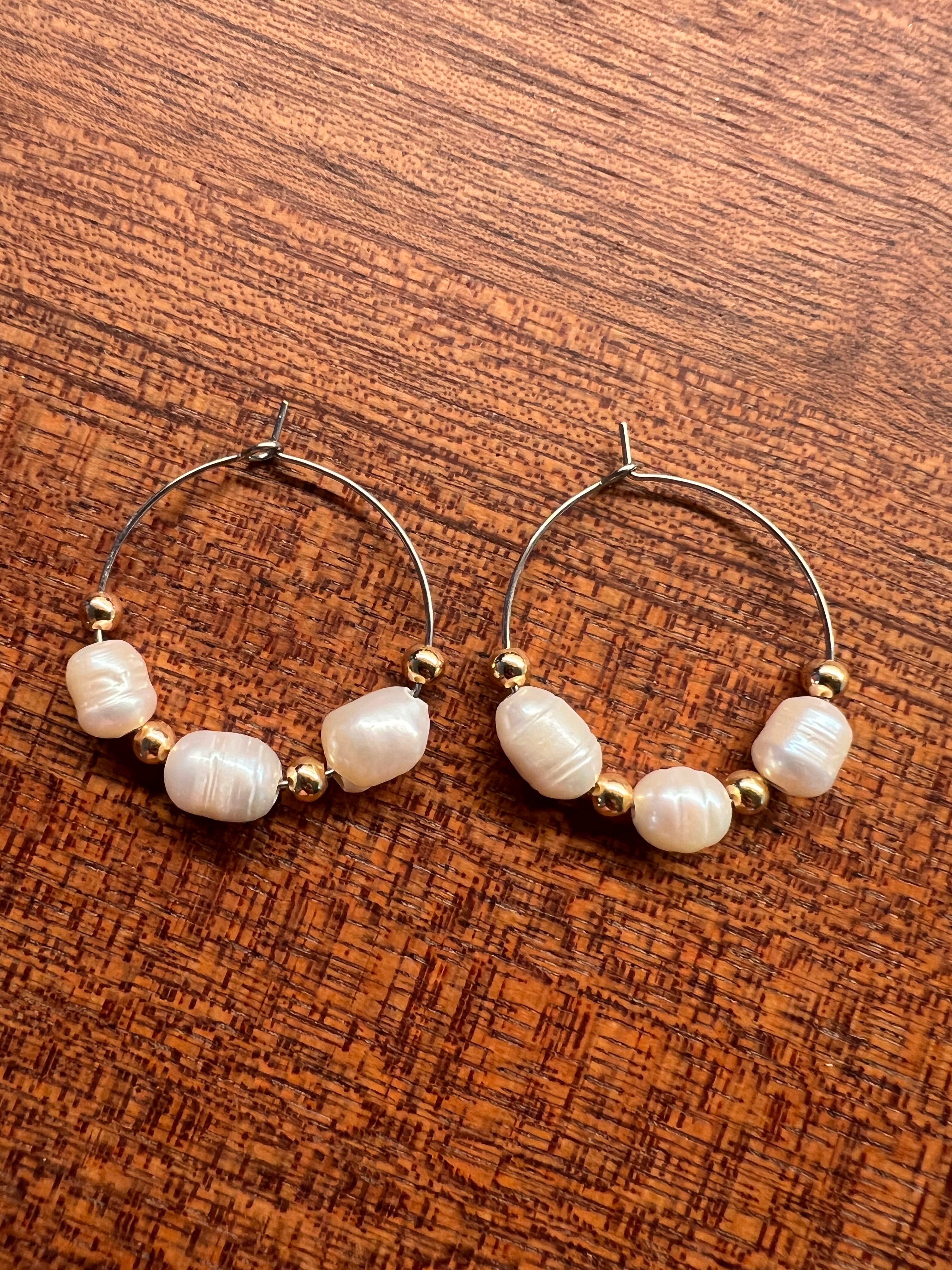 Fresh Water Pearl and Gold Beaded Hoops