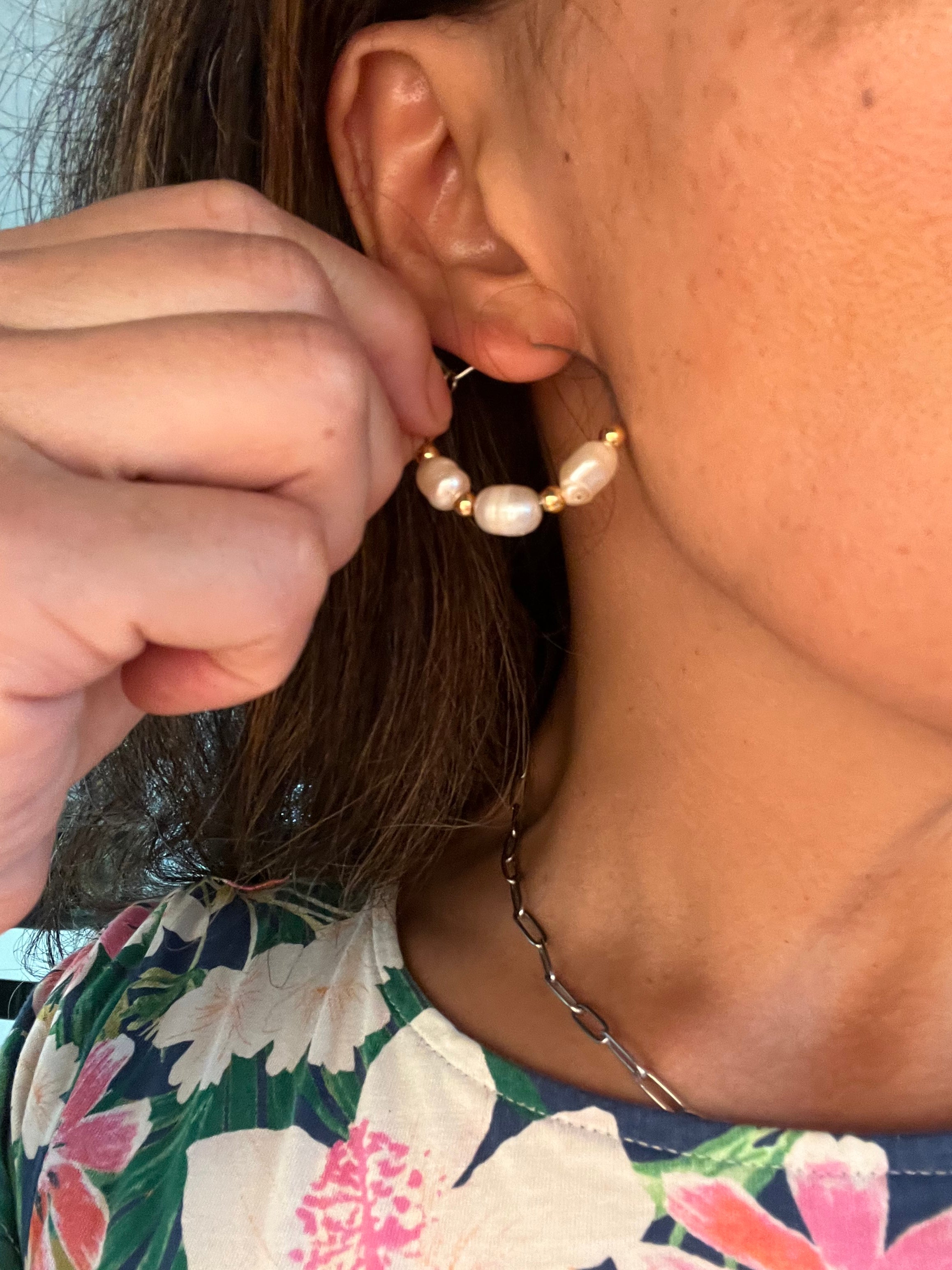 Fresh Water Pearl and Gold Beaded Hoops