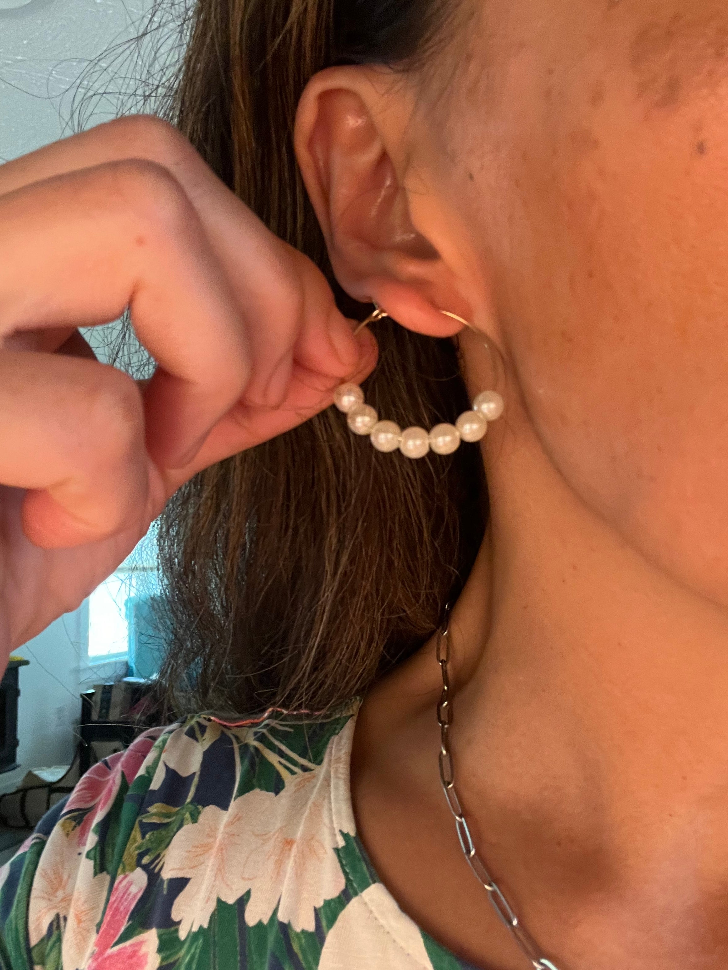 Upcycled White Pearl Hoop Earrings