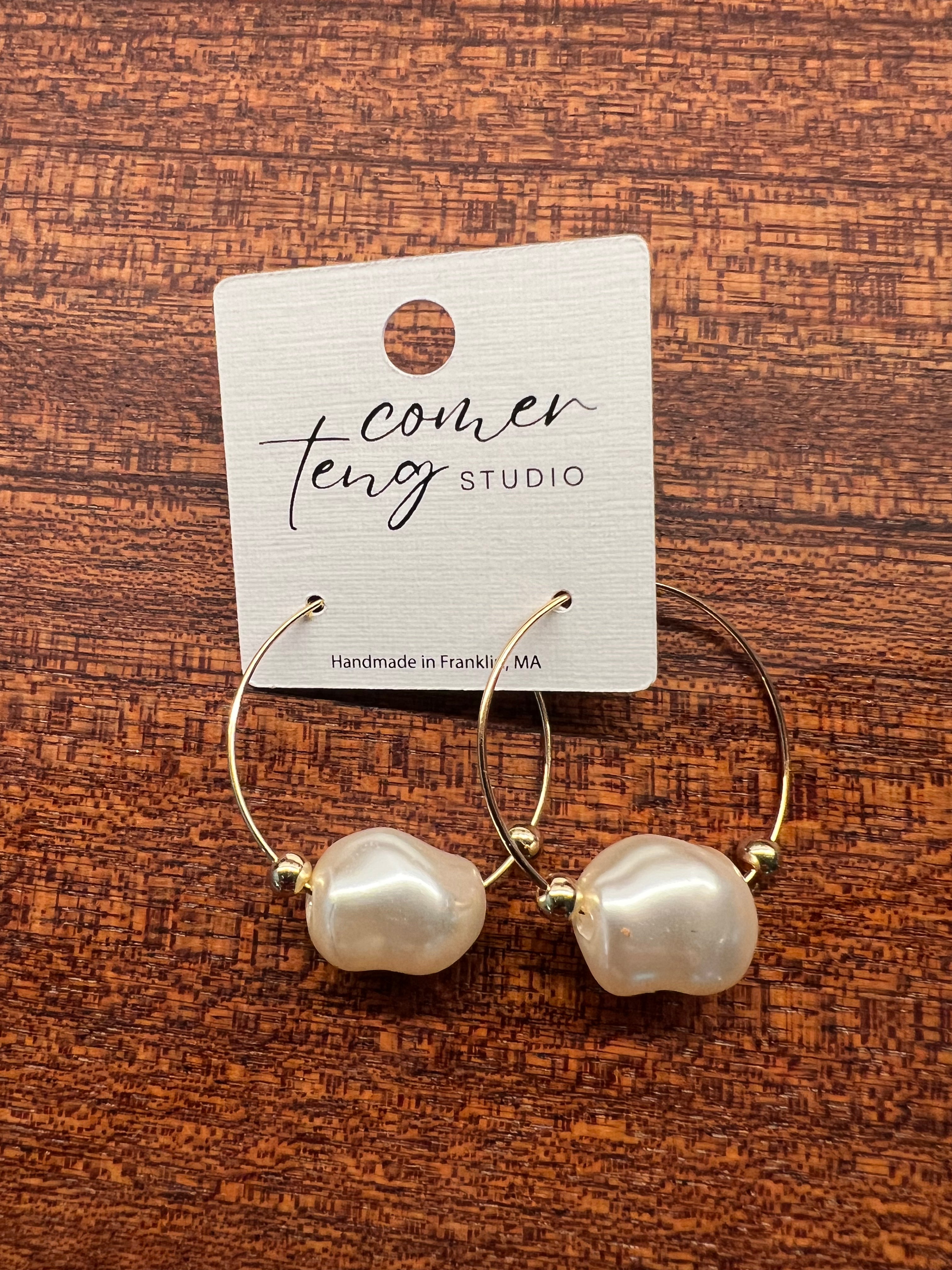 Upcycled Gold Hoop Earrings with Large Pearl and Gold Beads