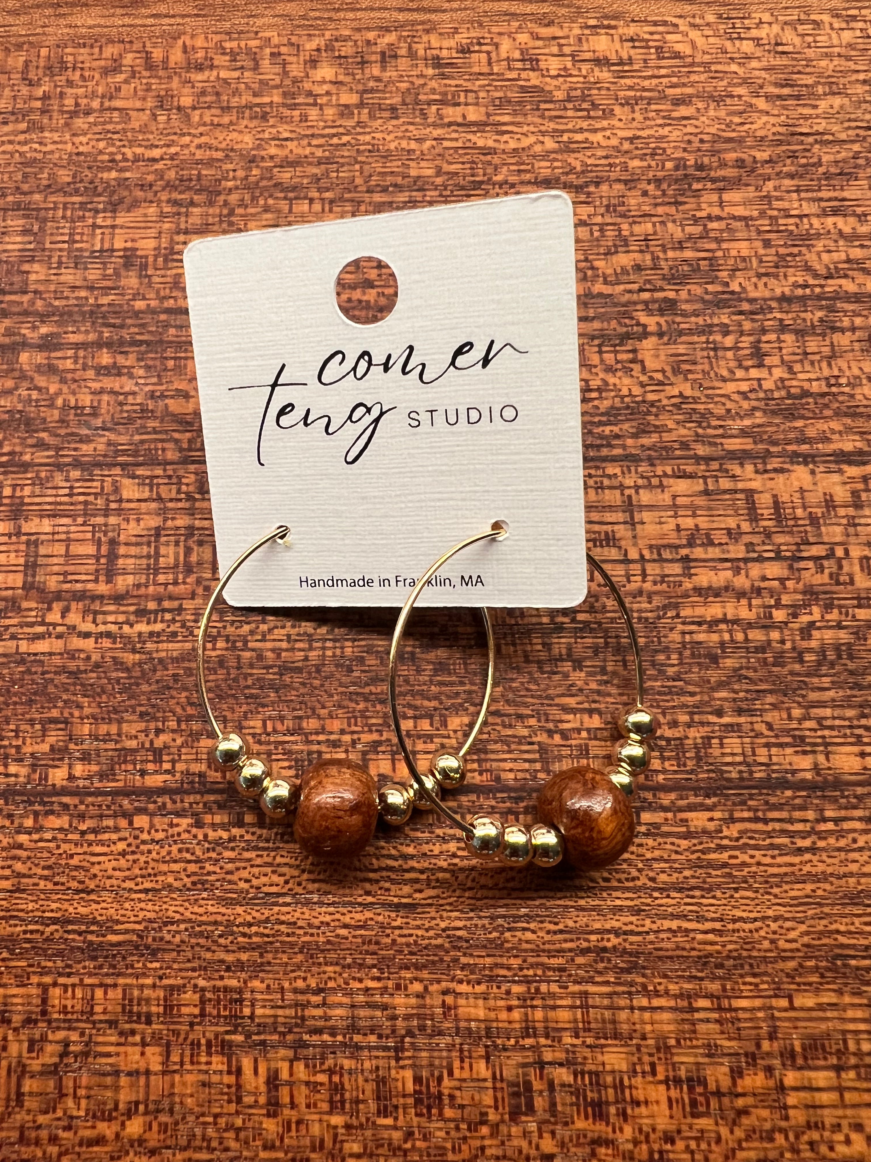 Upcycled Gold Hoop Earrings with Small Wood and Gold Beads