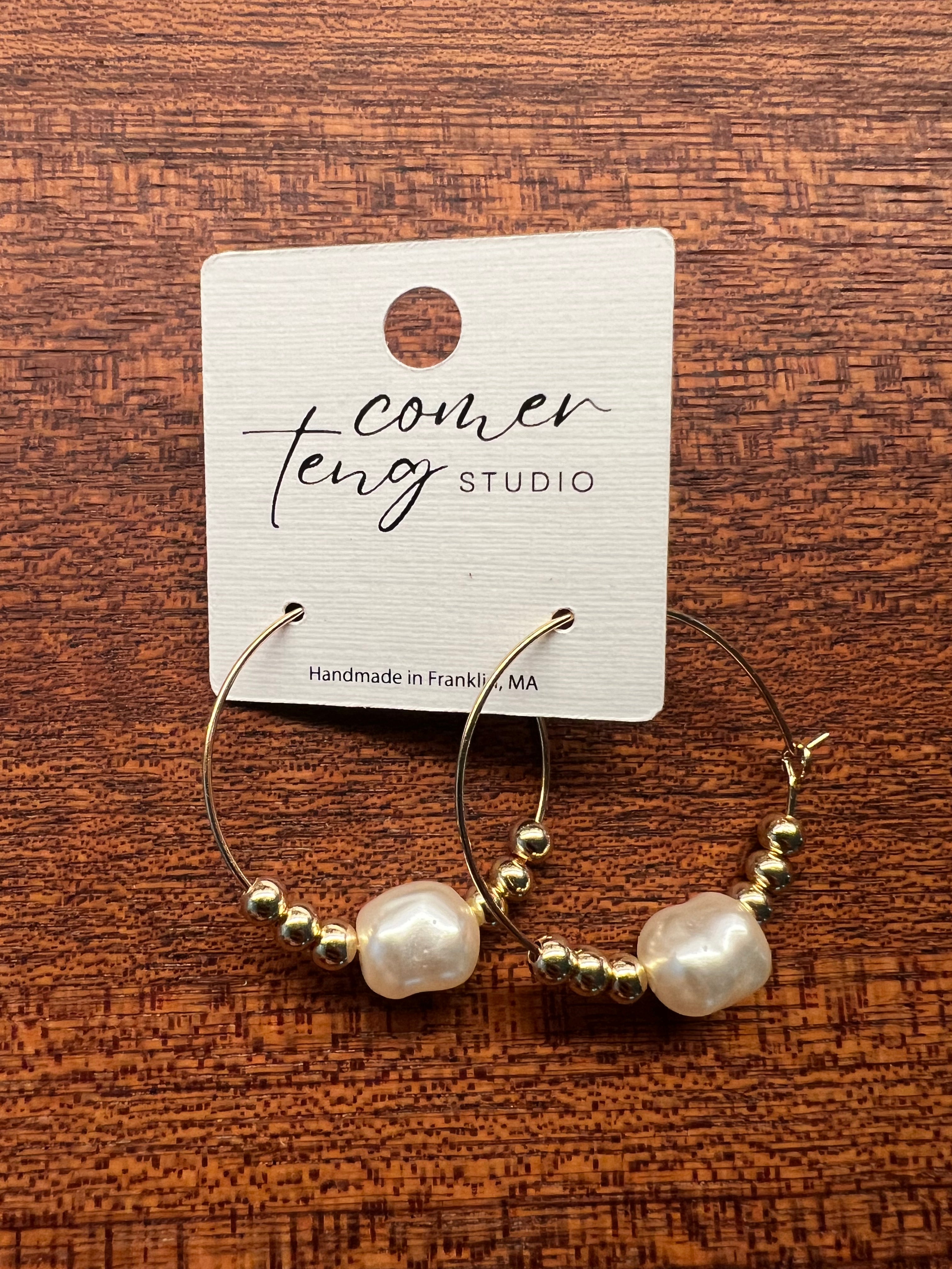 Upcycled Gold Hoop Earrings with Small Pearl and Gold Beads