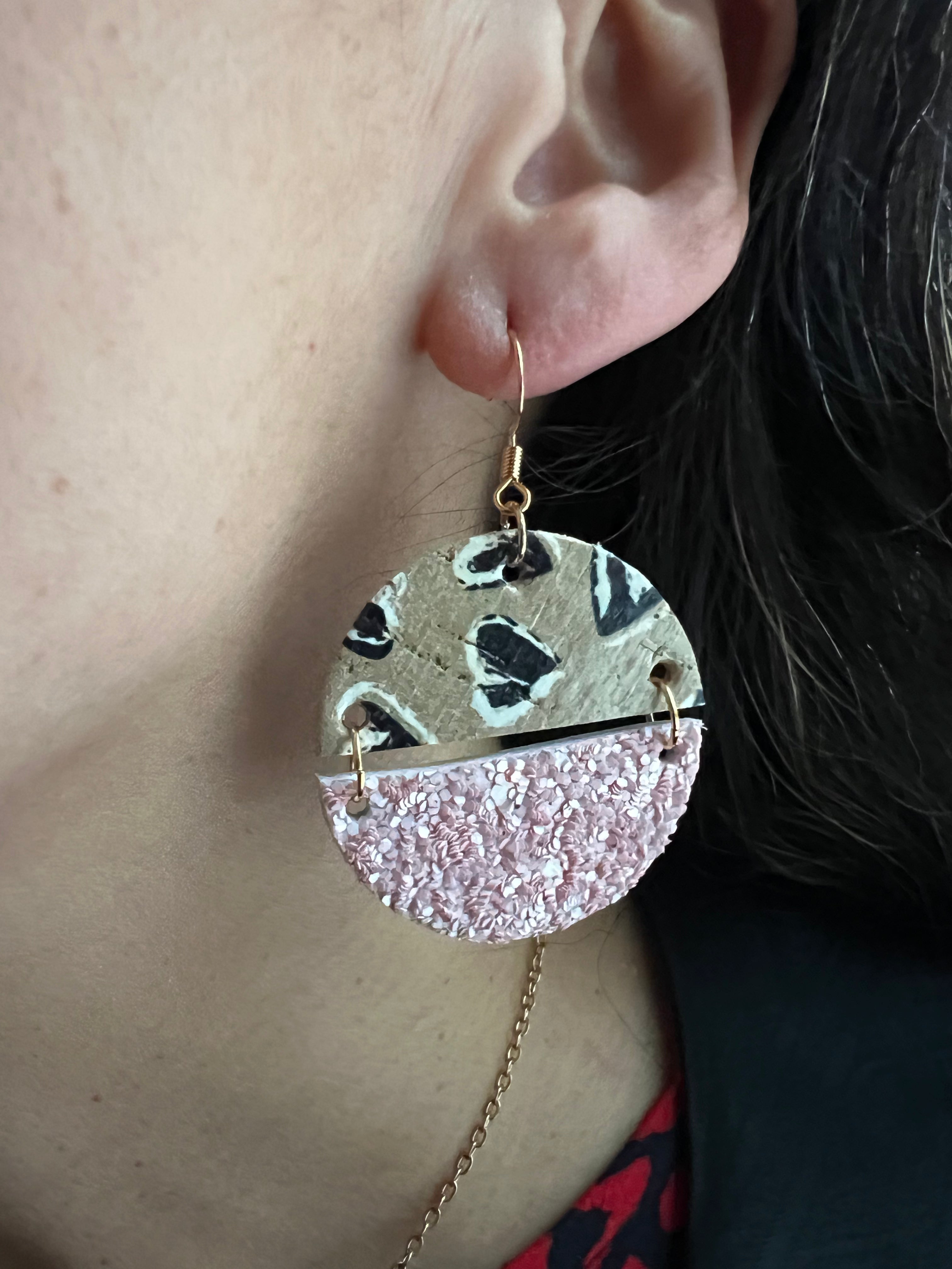 Pink Noir Hearts – Cork Half-Circle Heart Earrings