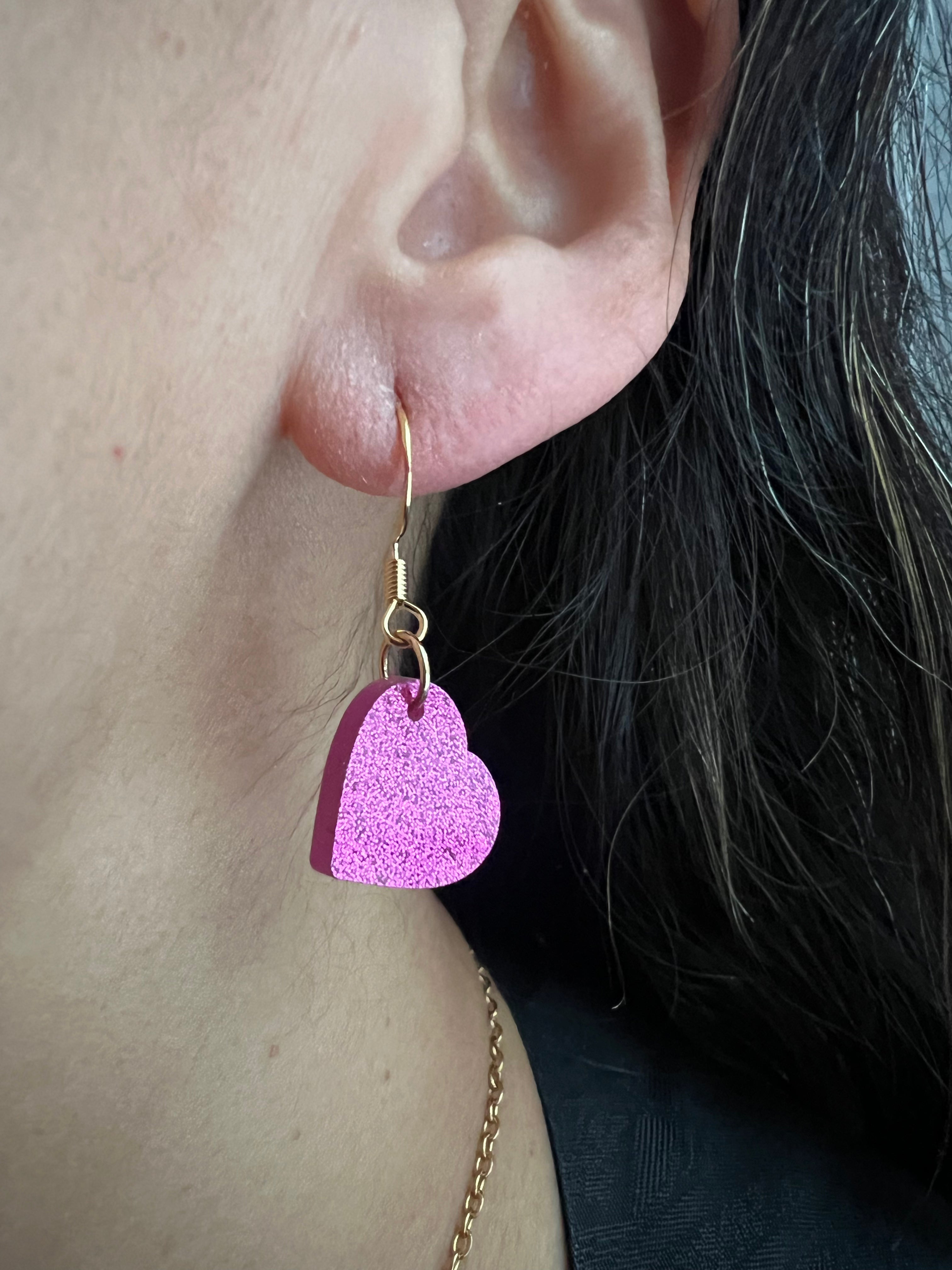 Sparkle Fuschia Acrylic Mini Heart Earrings
