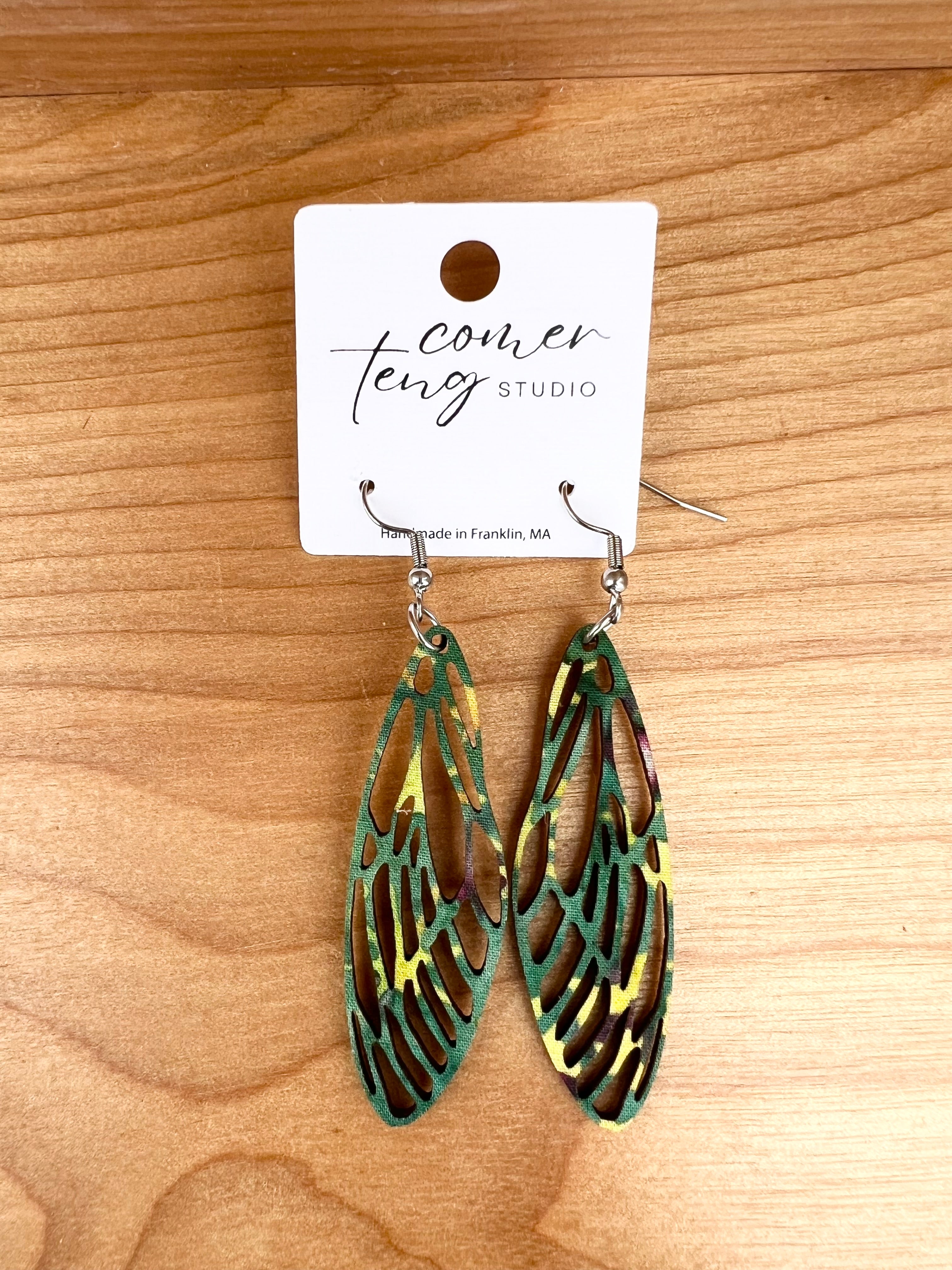 Upcycled Green Cicada Wing Earrings