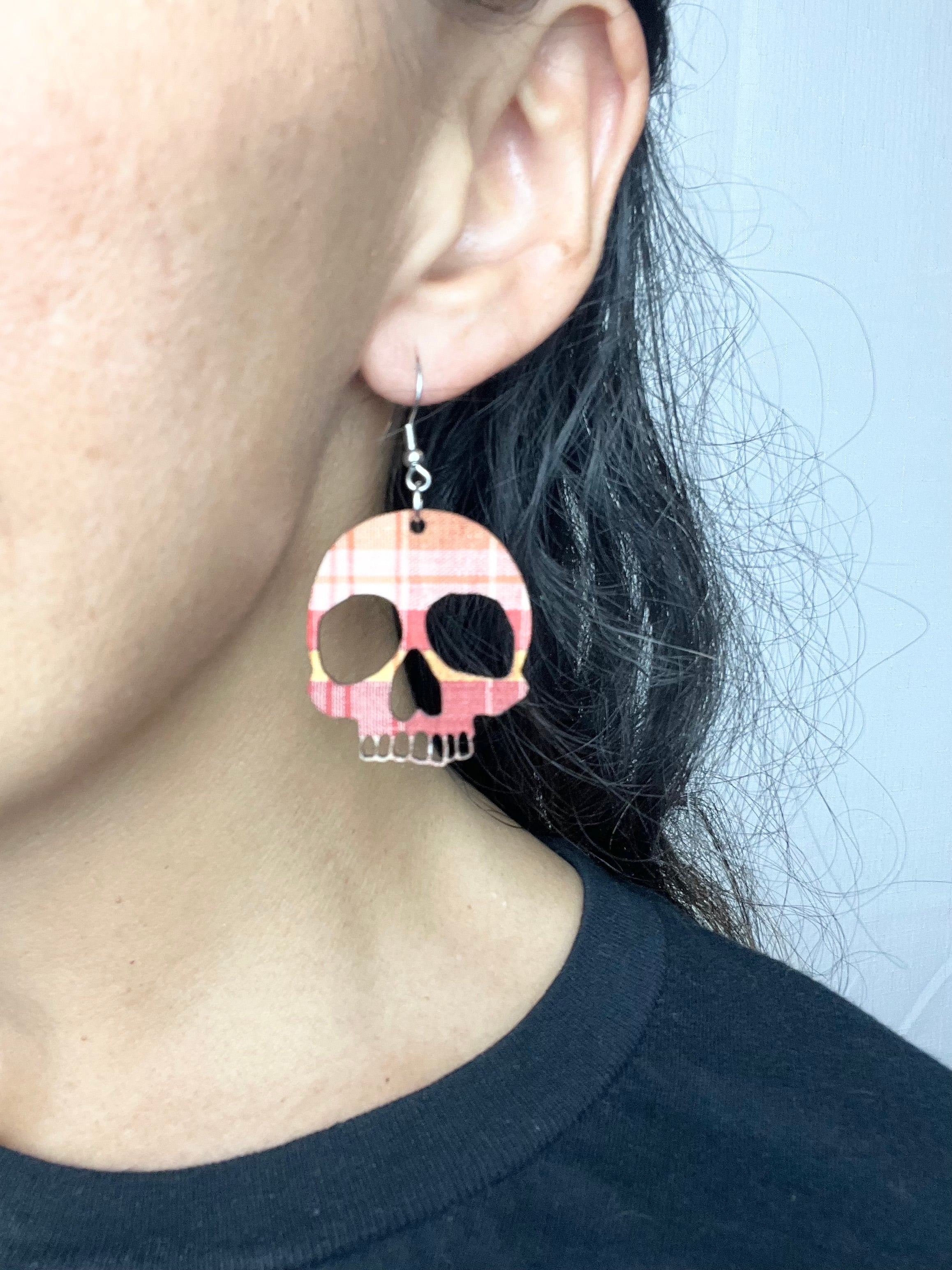 Upcycled Fall Plaid Skull Earrings