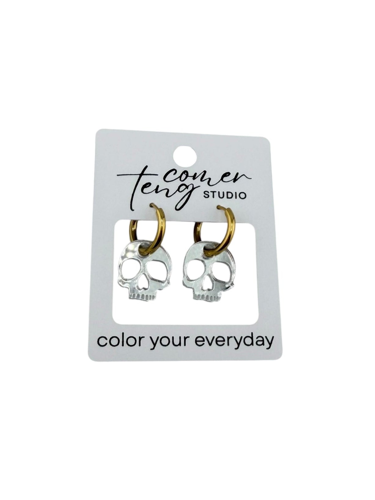 Silver Shimmer Skull Charm Hoop Earrings