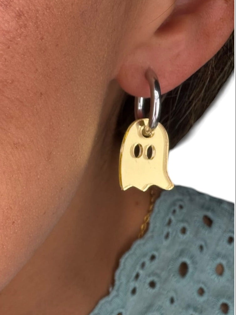 Gold Shimmer Ghost Charm Hoop Earrings | Interchangeable Halloween Earrings