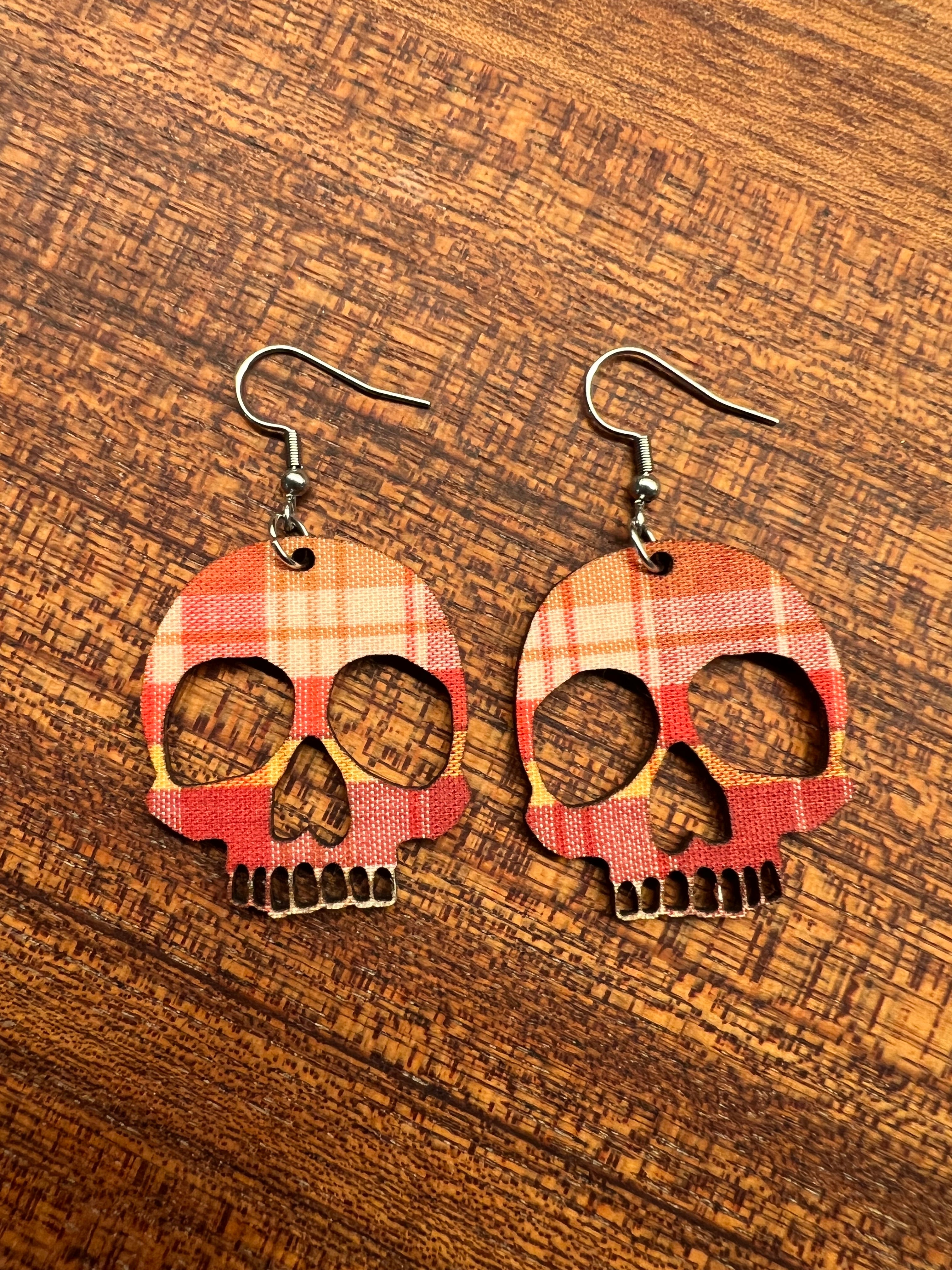 Upcycled Fall Plaid Skull Earrings