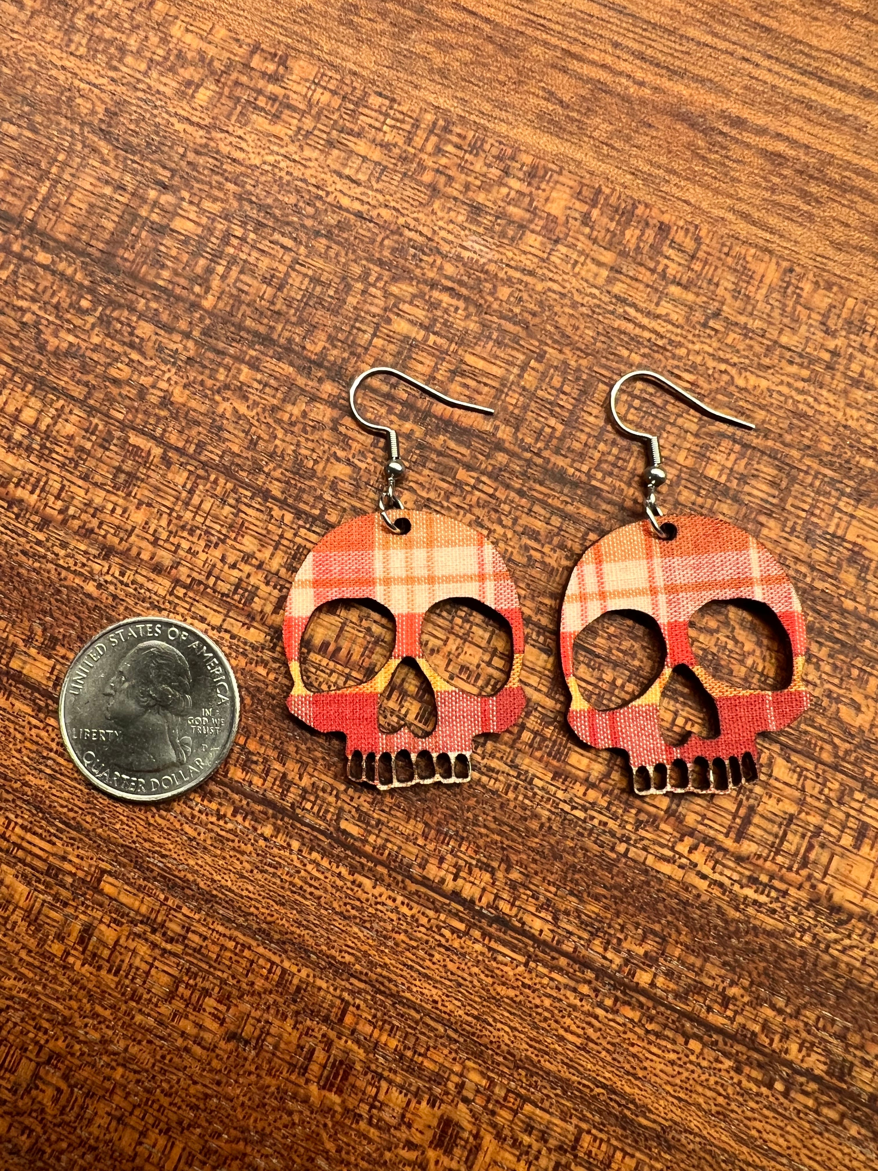 Upcycled Fall Plaid Skull Earrings