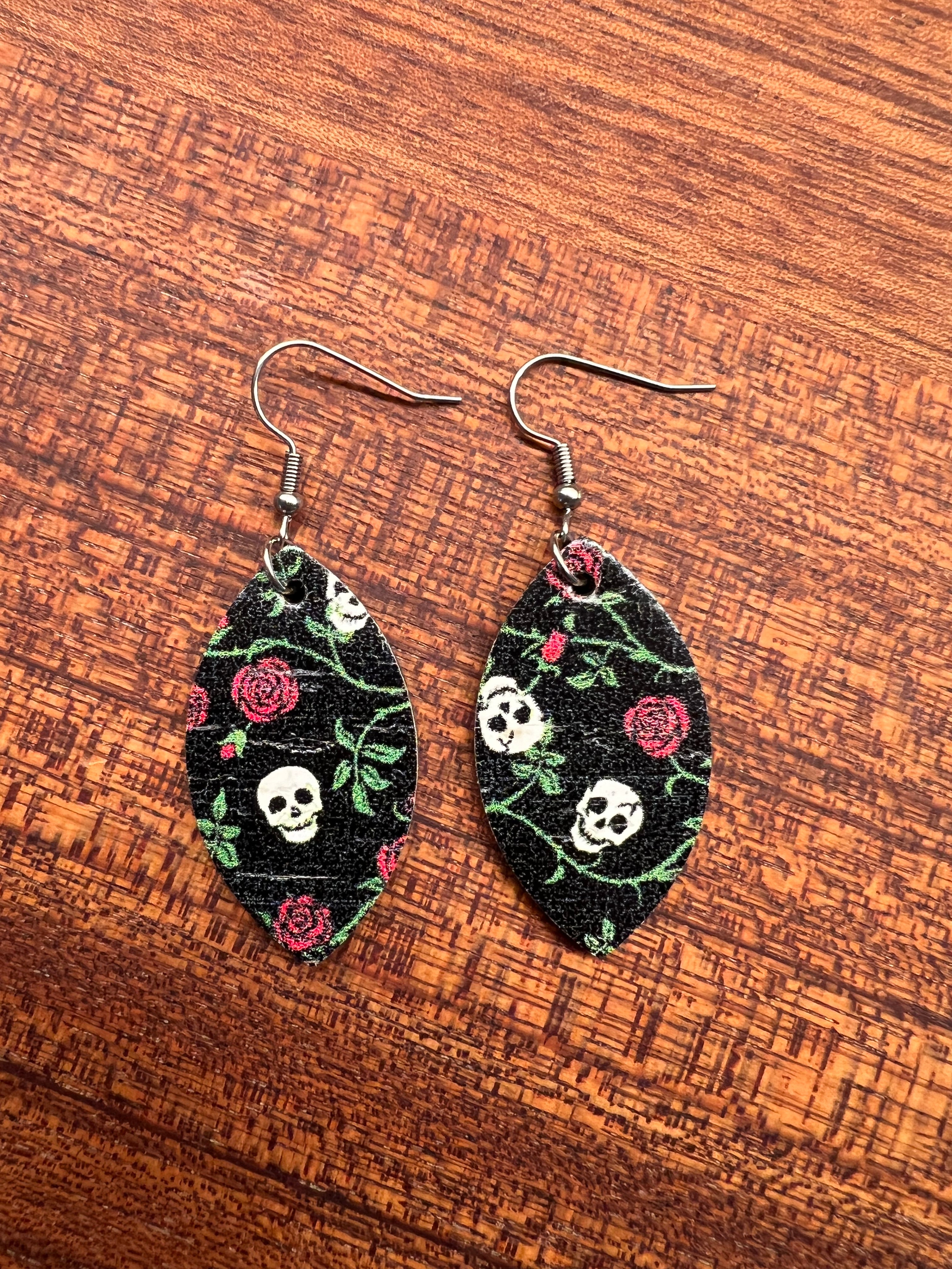 Skull and Rose Cork Mini Leaf Earrings