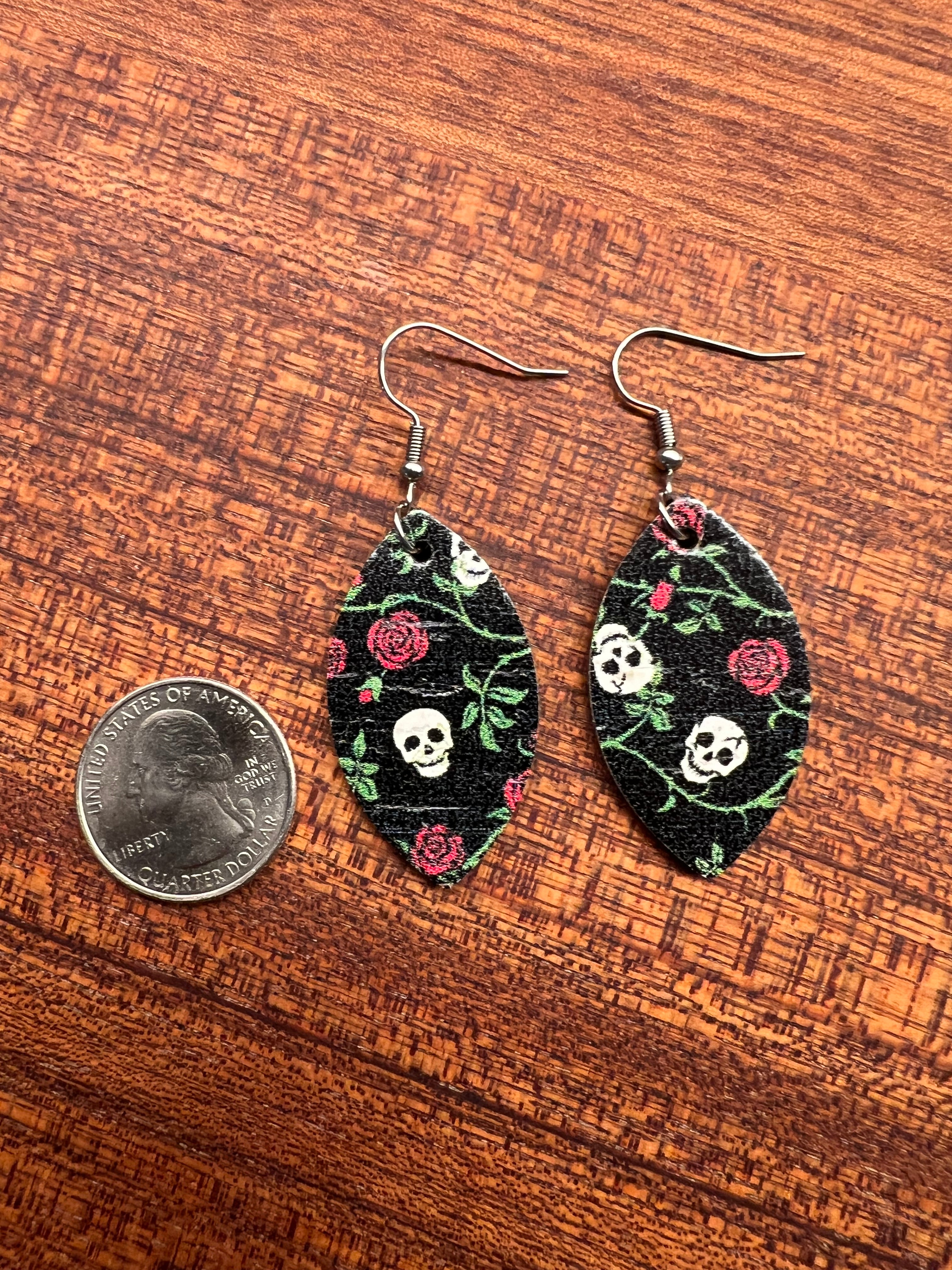 Skull and Rose Cork Mini Leaf Earrings