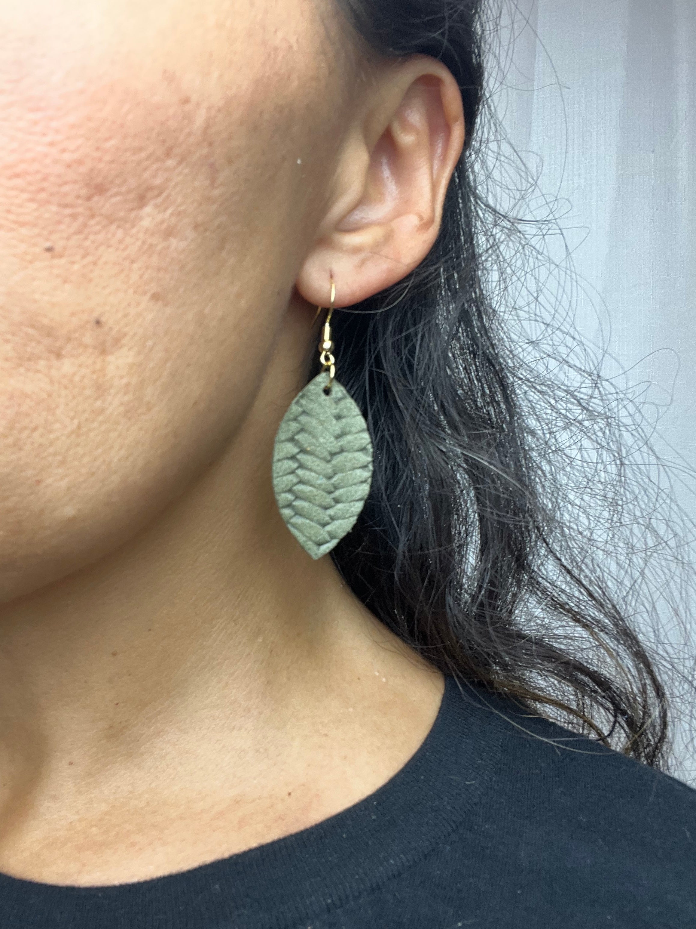 Olive Leather Fishtail Mini Leaf Earrings