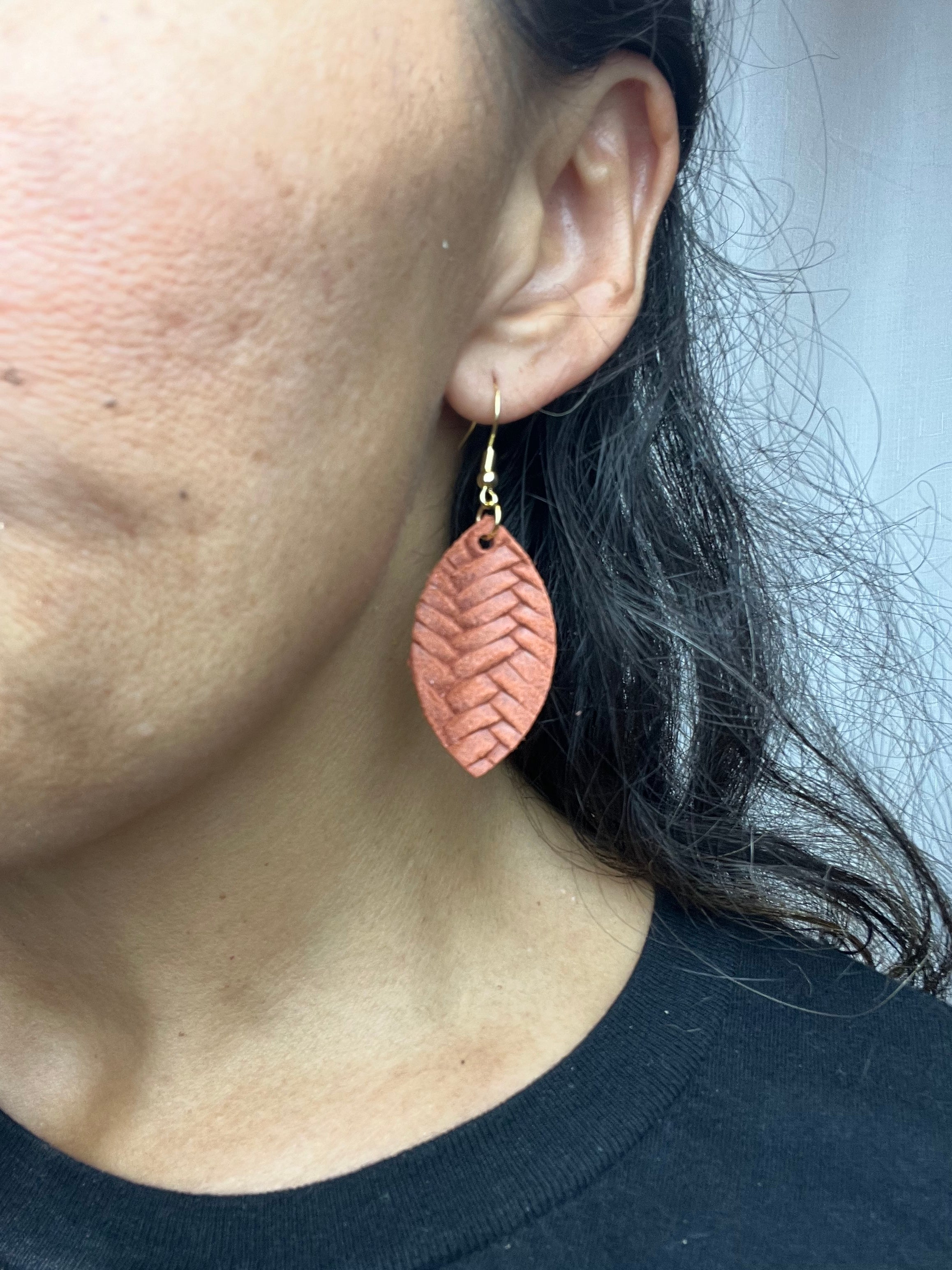 Rust Leather Fishtail Mini Leaf Earrings