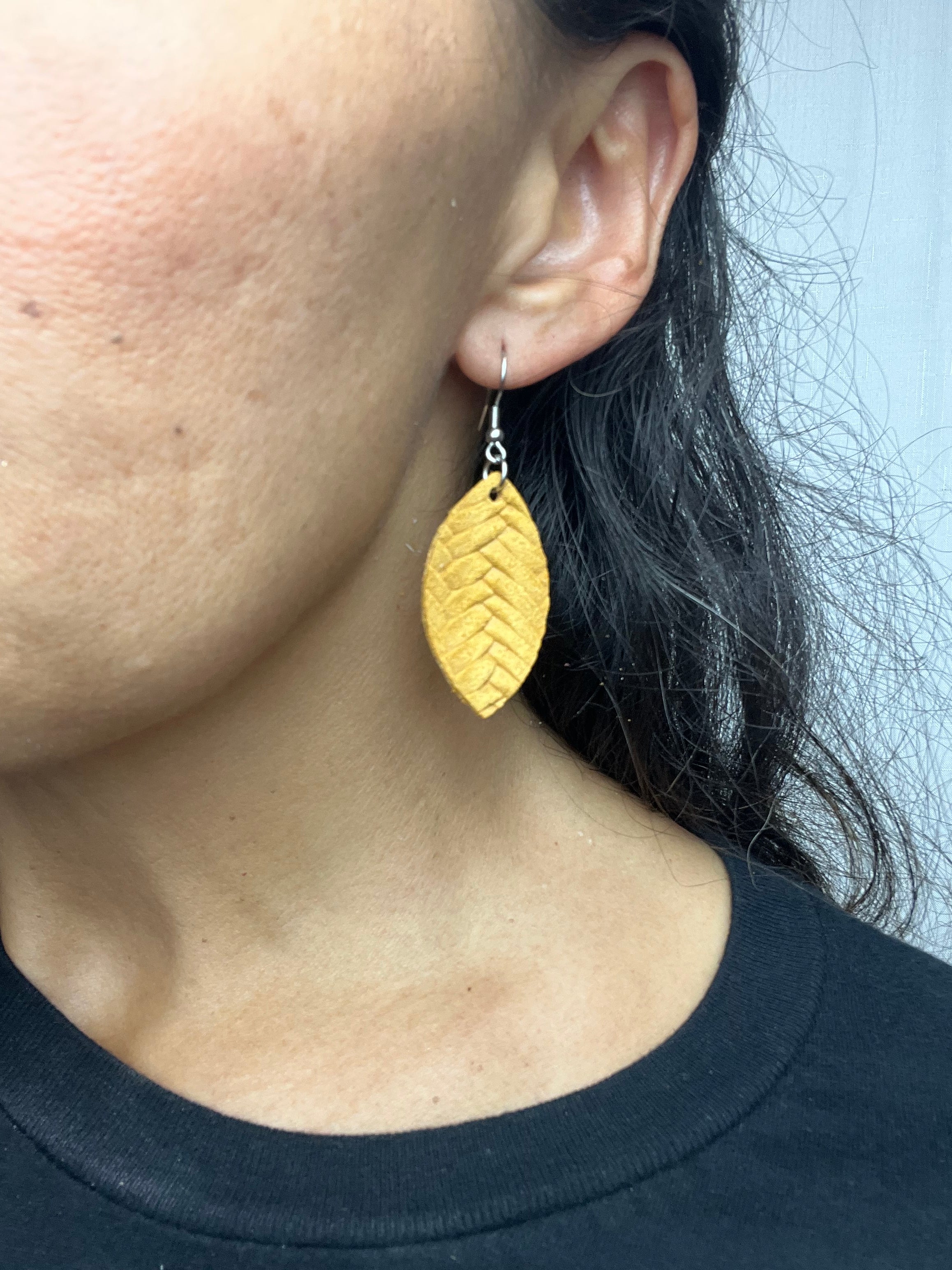 Burnt Yellow Leather Fishtail Mini Leaf Earrings