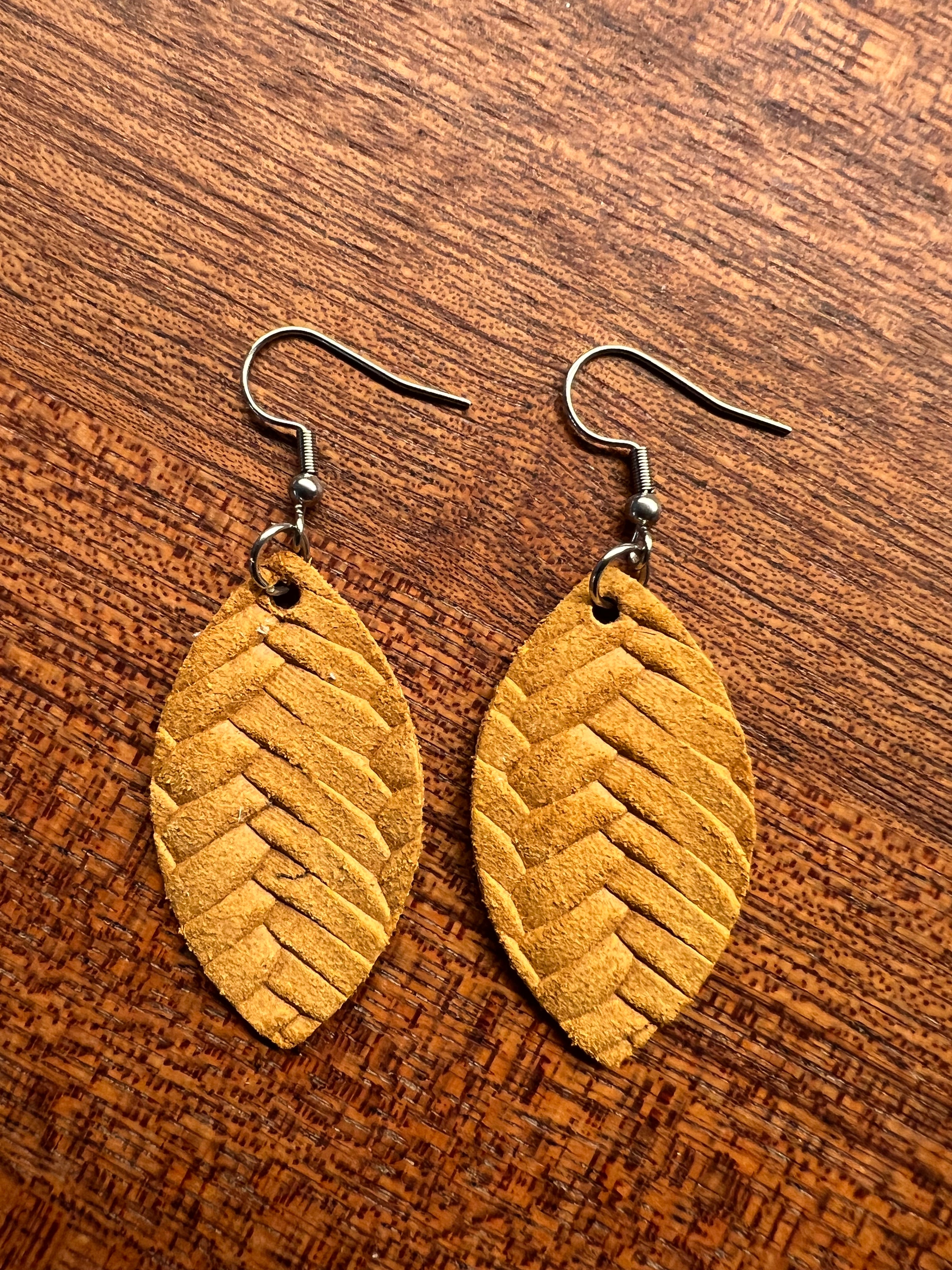 Burnt Yellow Leather Fishtail Mini Leaf Earrings