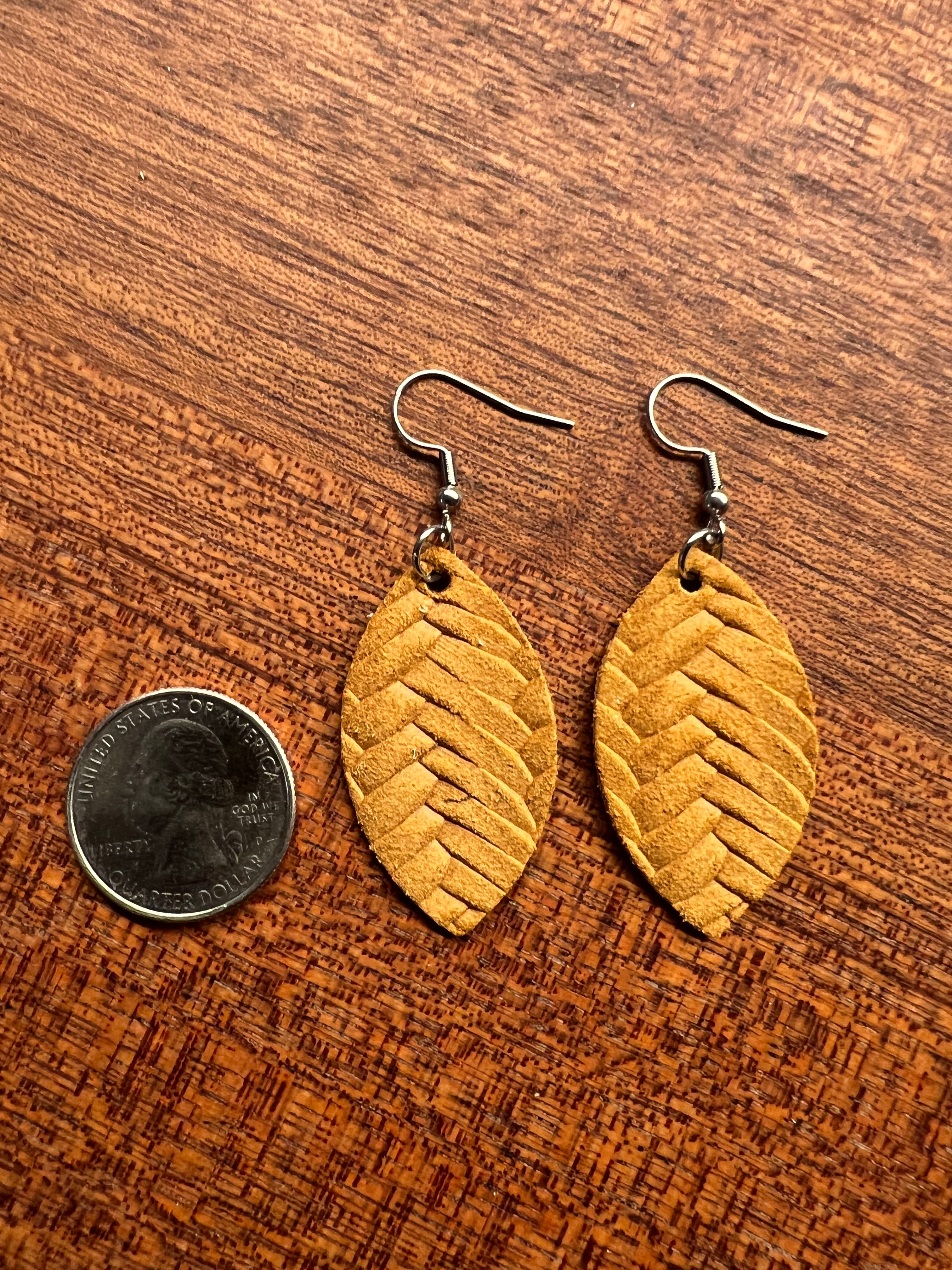 Burnt Yellow Leather Fishtail Mini Leaf Earrings