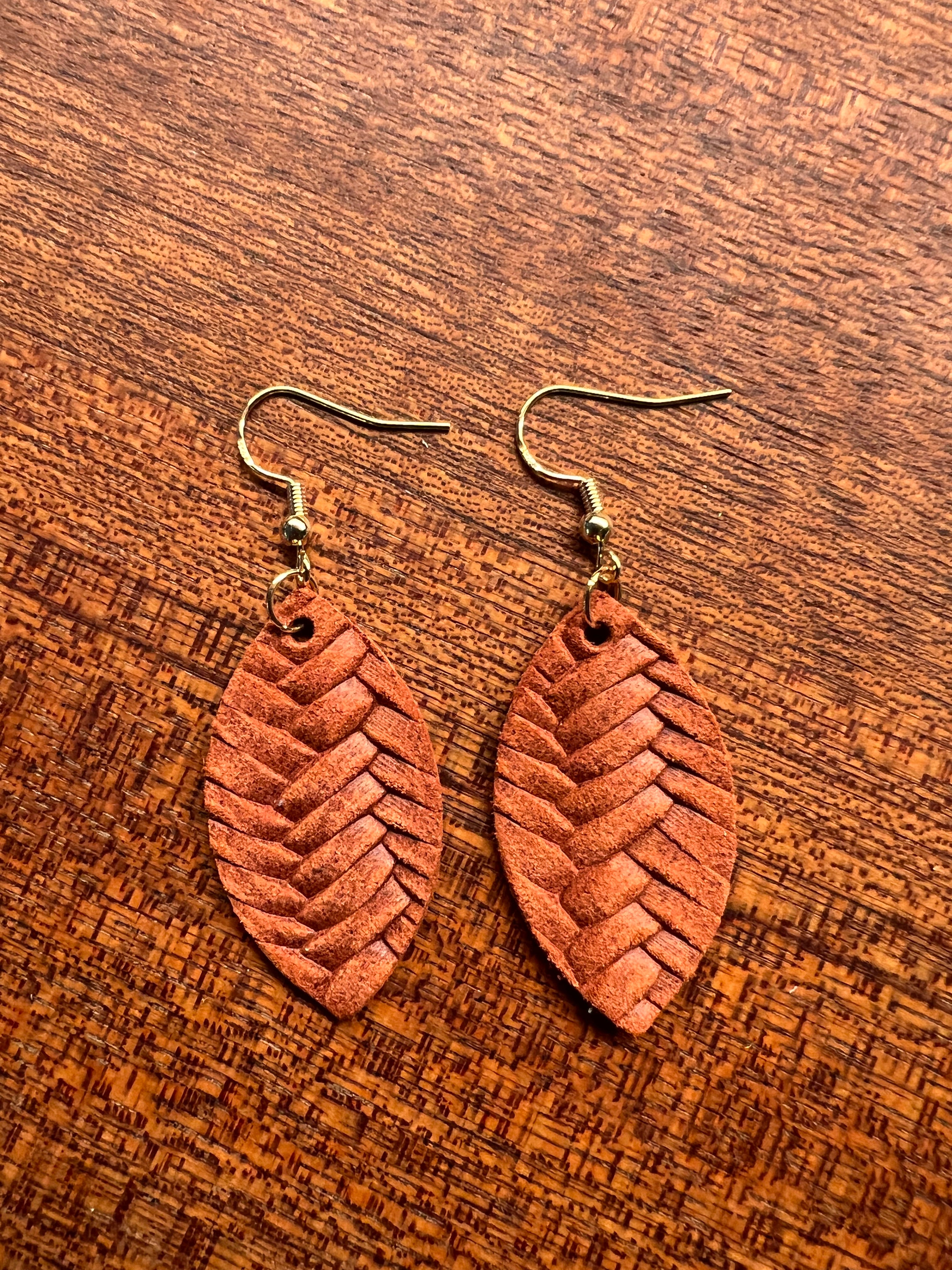 Rust Leather Fishtail Mini Leaf Earrings