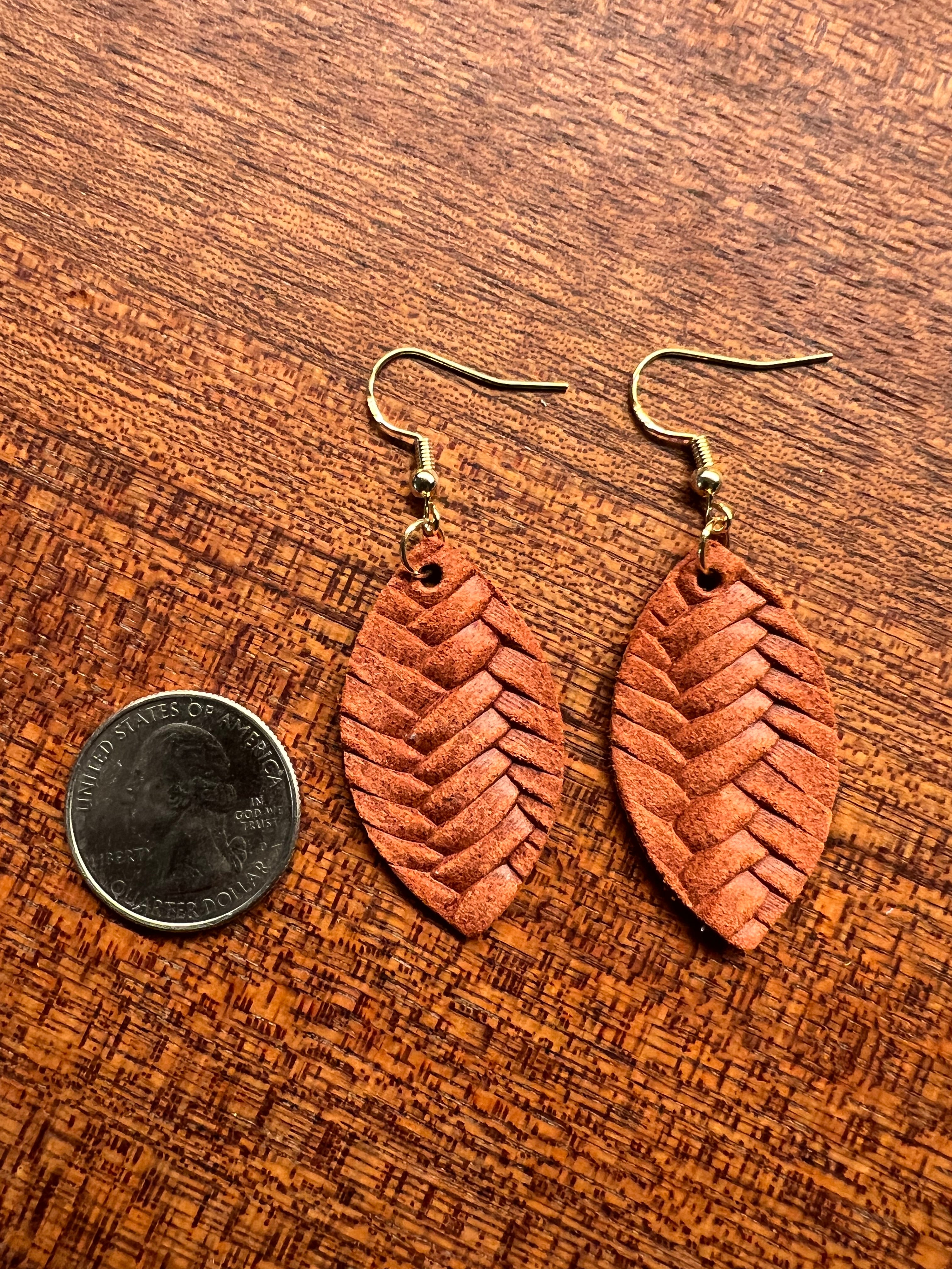 Rust Leather Fishtail Mini Leaf Earrings