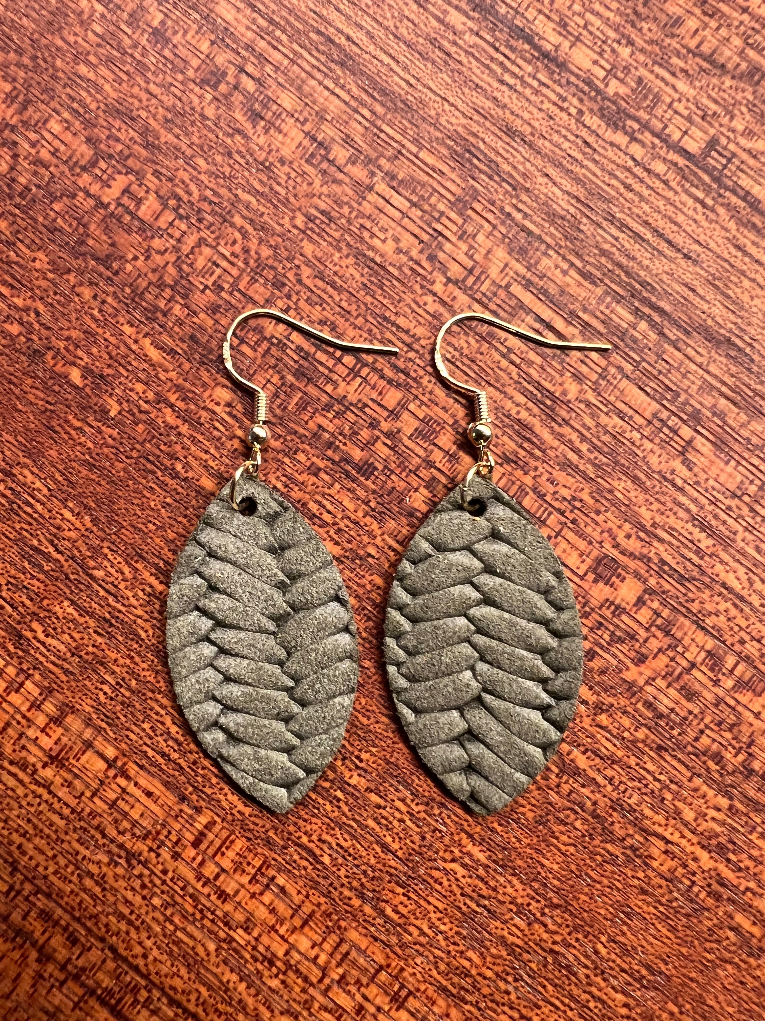 Olive Leather Fishtail Mini Leaf Earrings