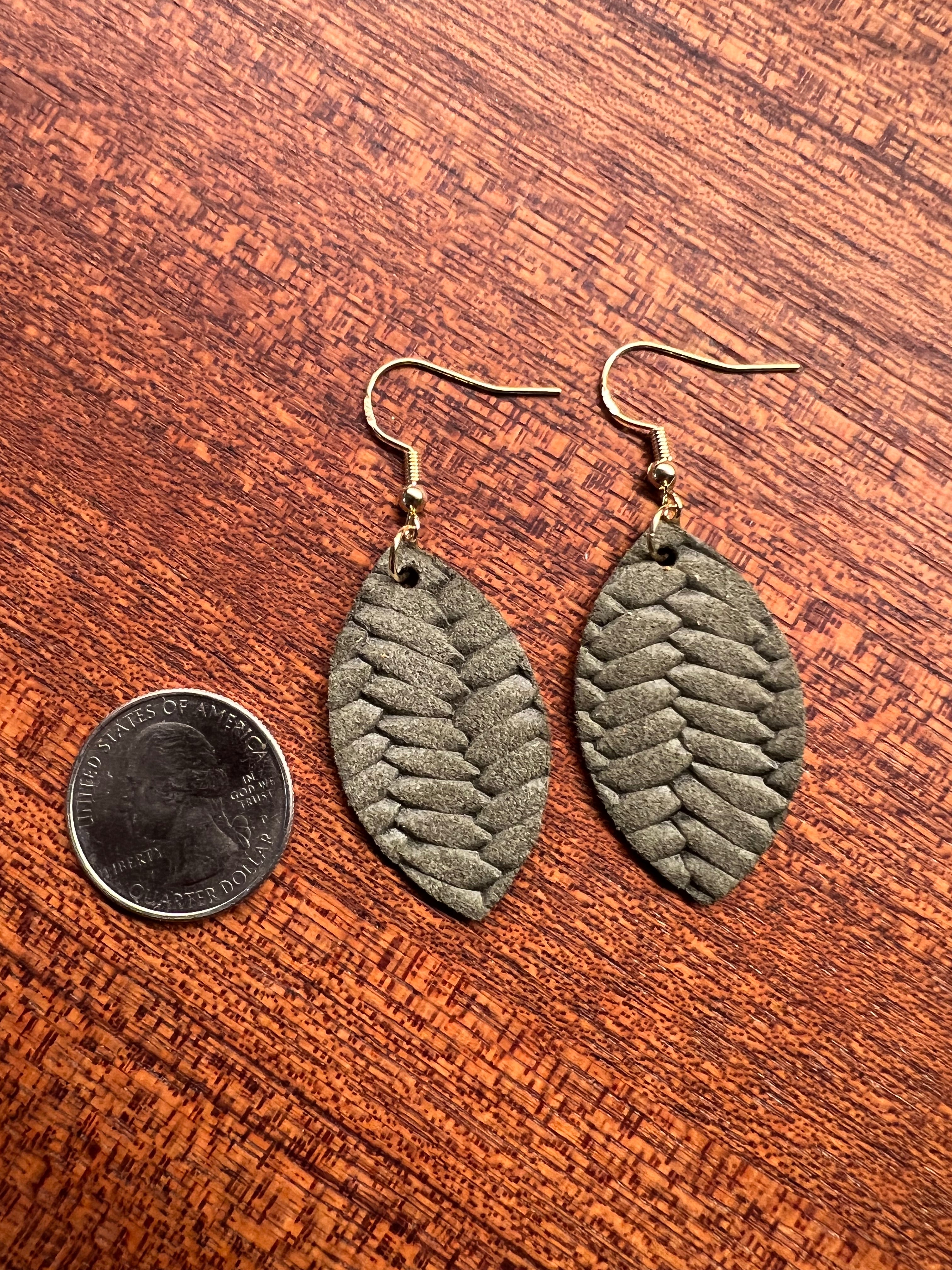 Olive Leather Fishtail Mini Leaf Earrings