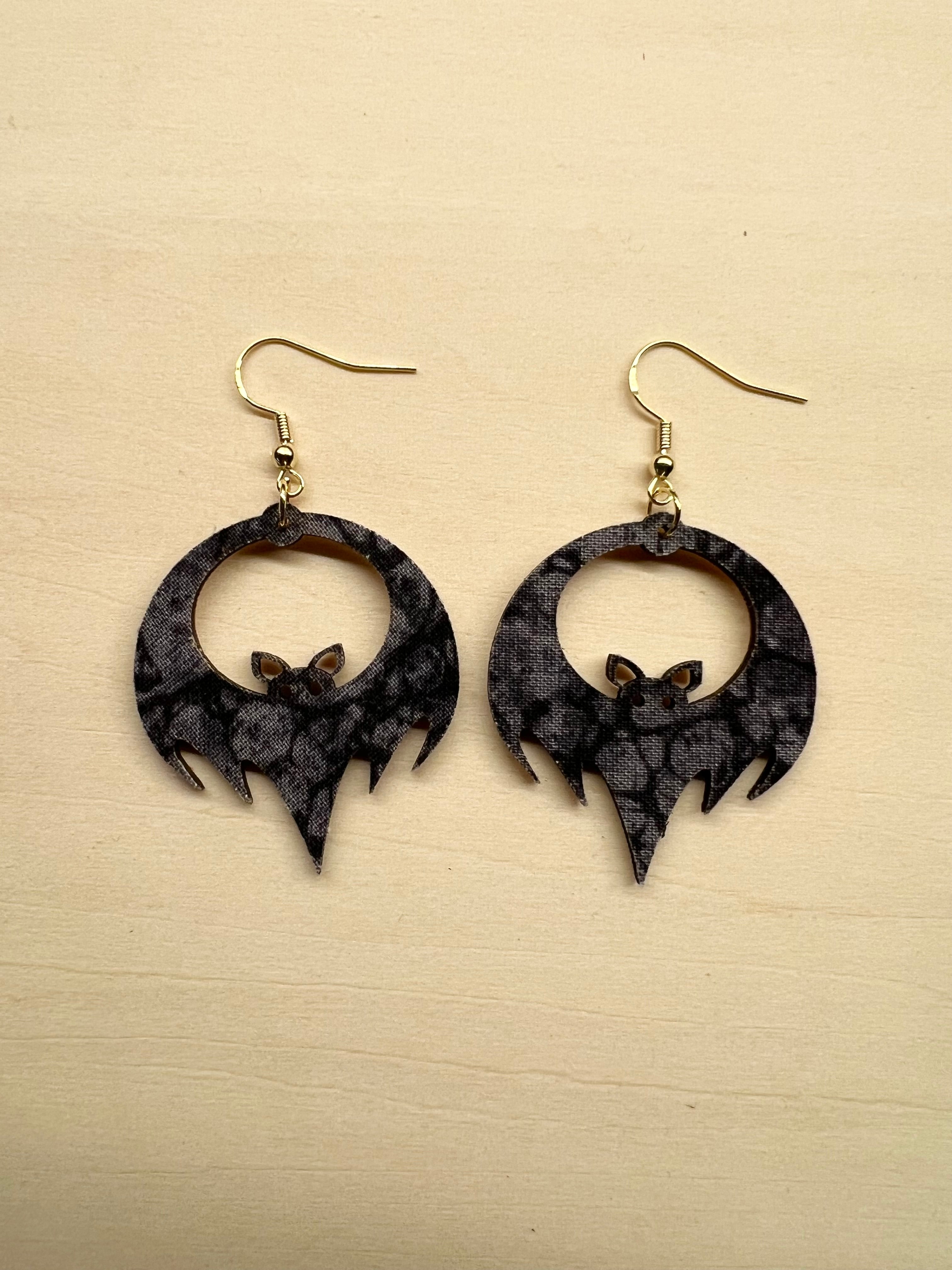 Upcycled Black & Grey Bat Earrings