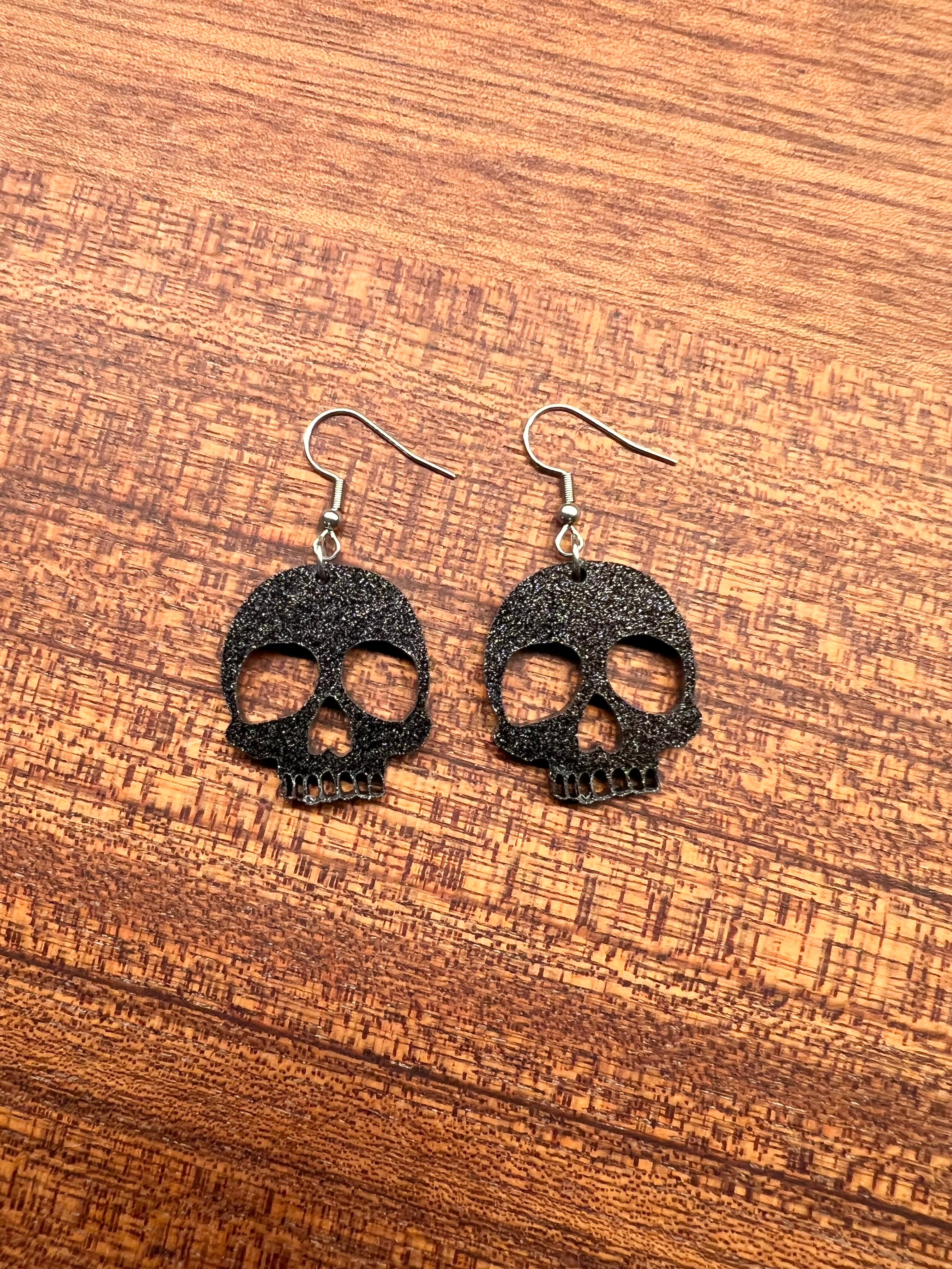 Mini Acrylic Black Sparkle Skull Earrings