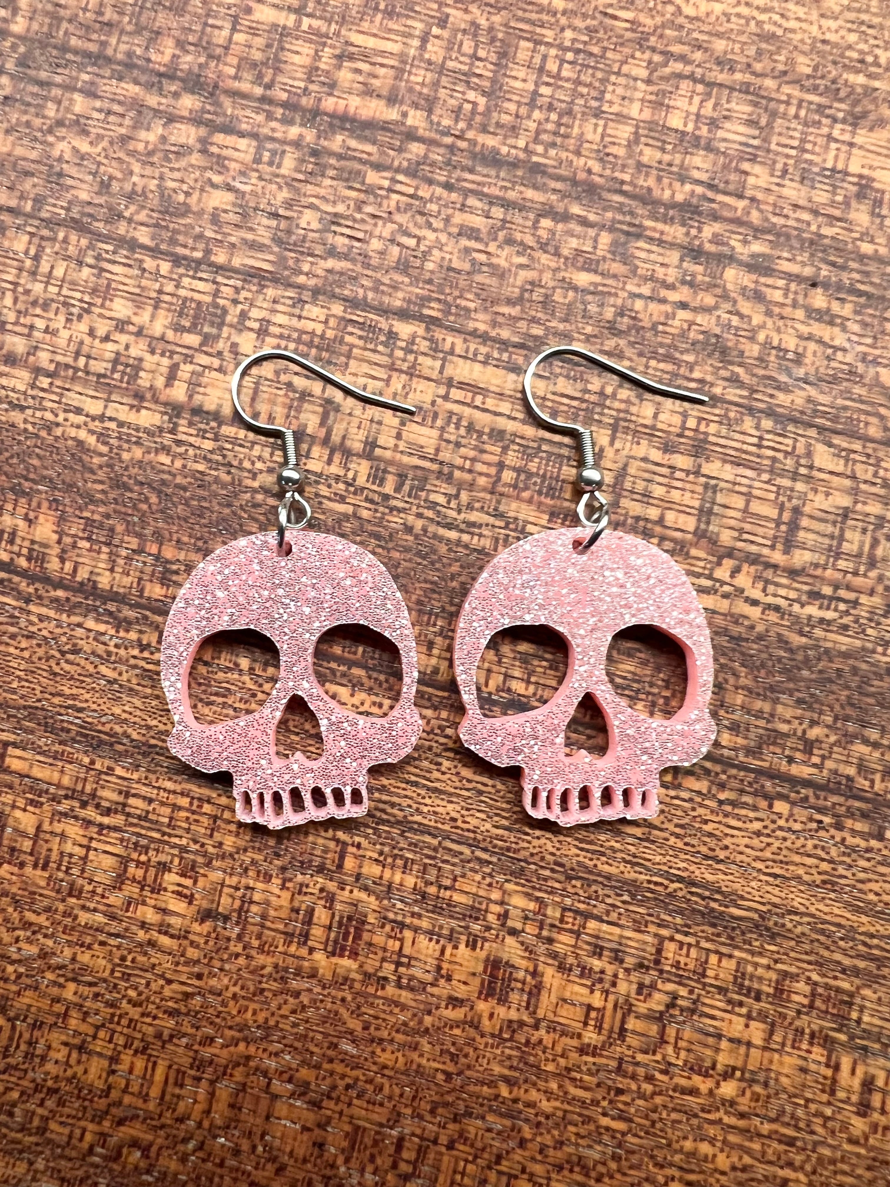 Mini Acrylic Pink Sparkle Skull Earrings