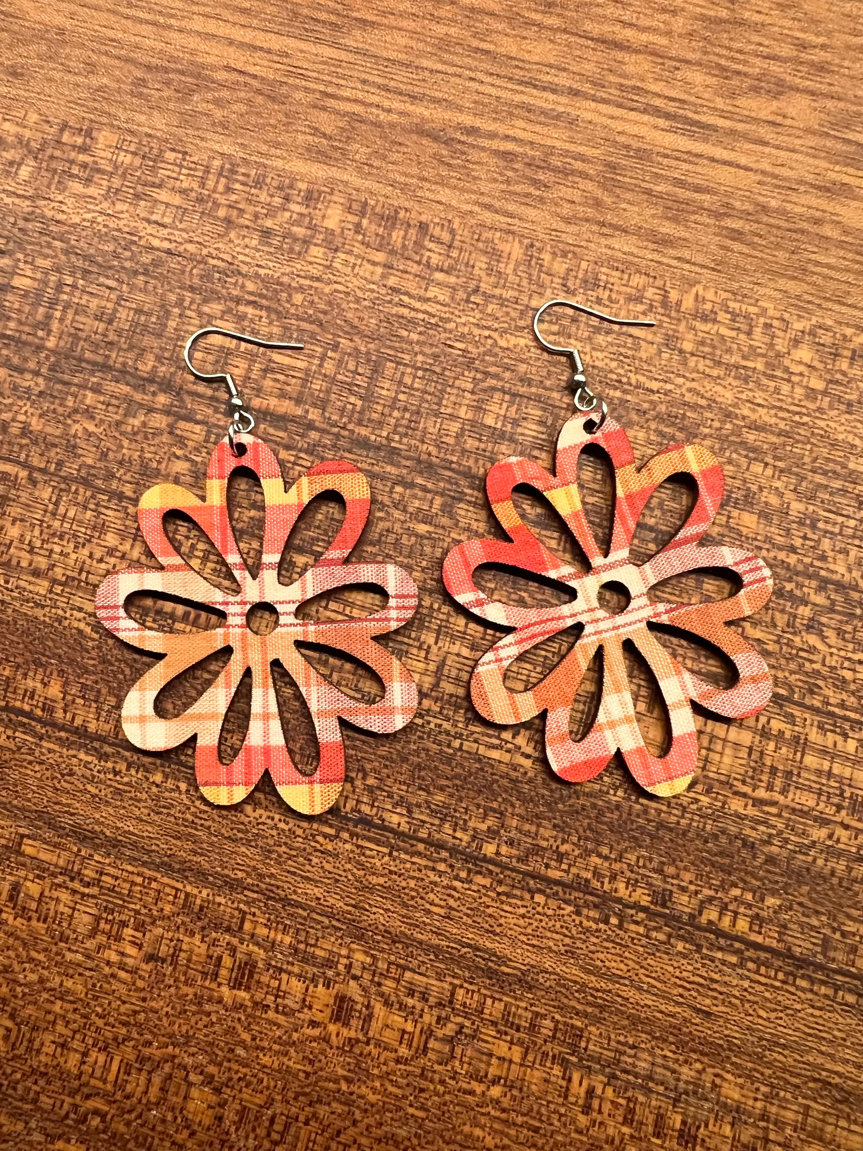 Upcycled Fall Plaid Flower Earrings