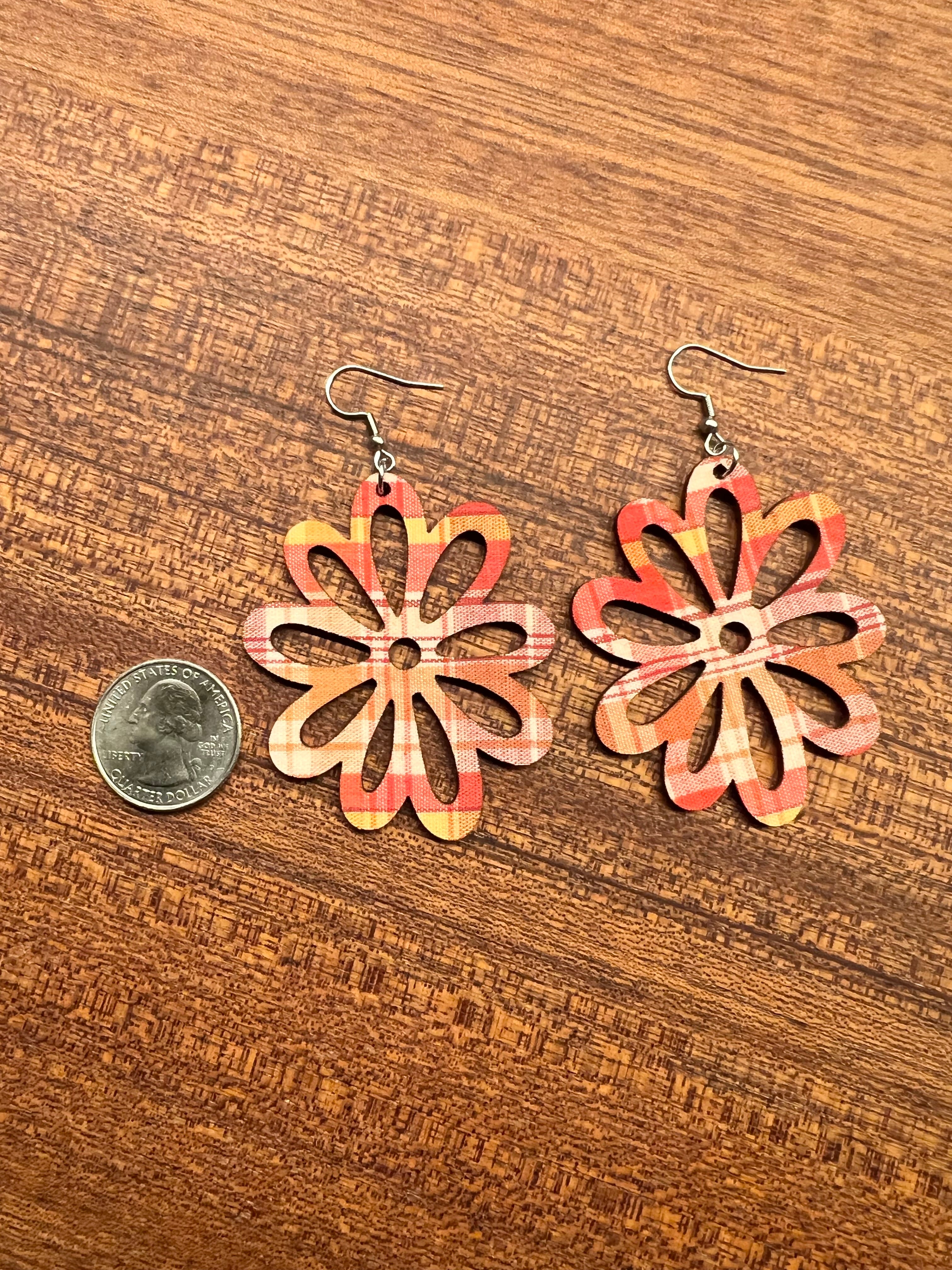 Upcycled Fall Plaid Flower Earrings