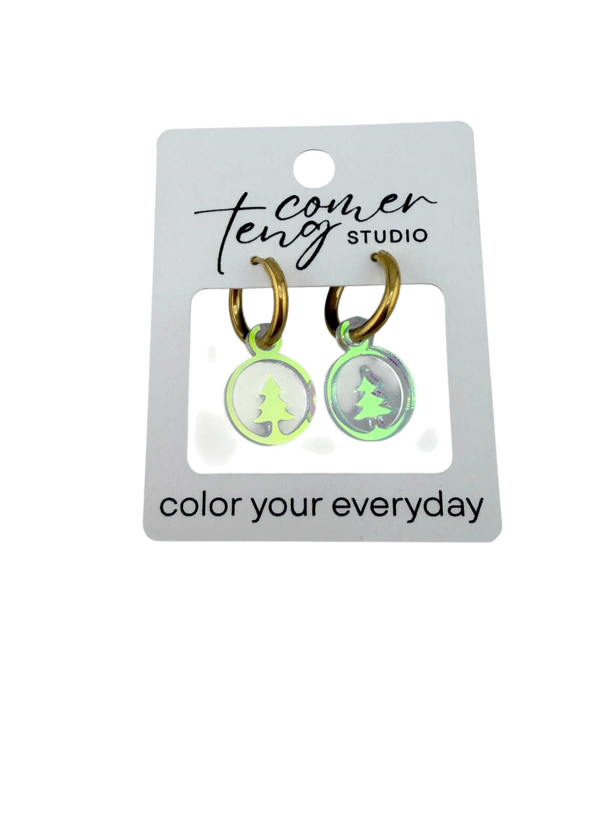 Iridescent Evergreen Tree Charm Hoop Earrings | Interchangeable Winter Earrings