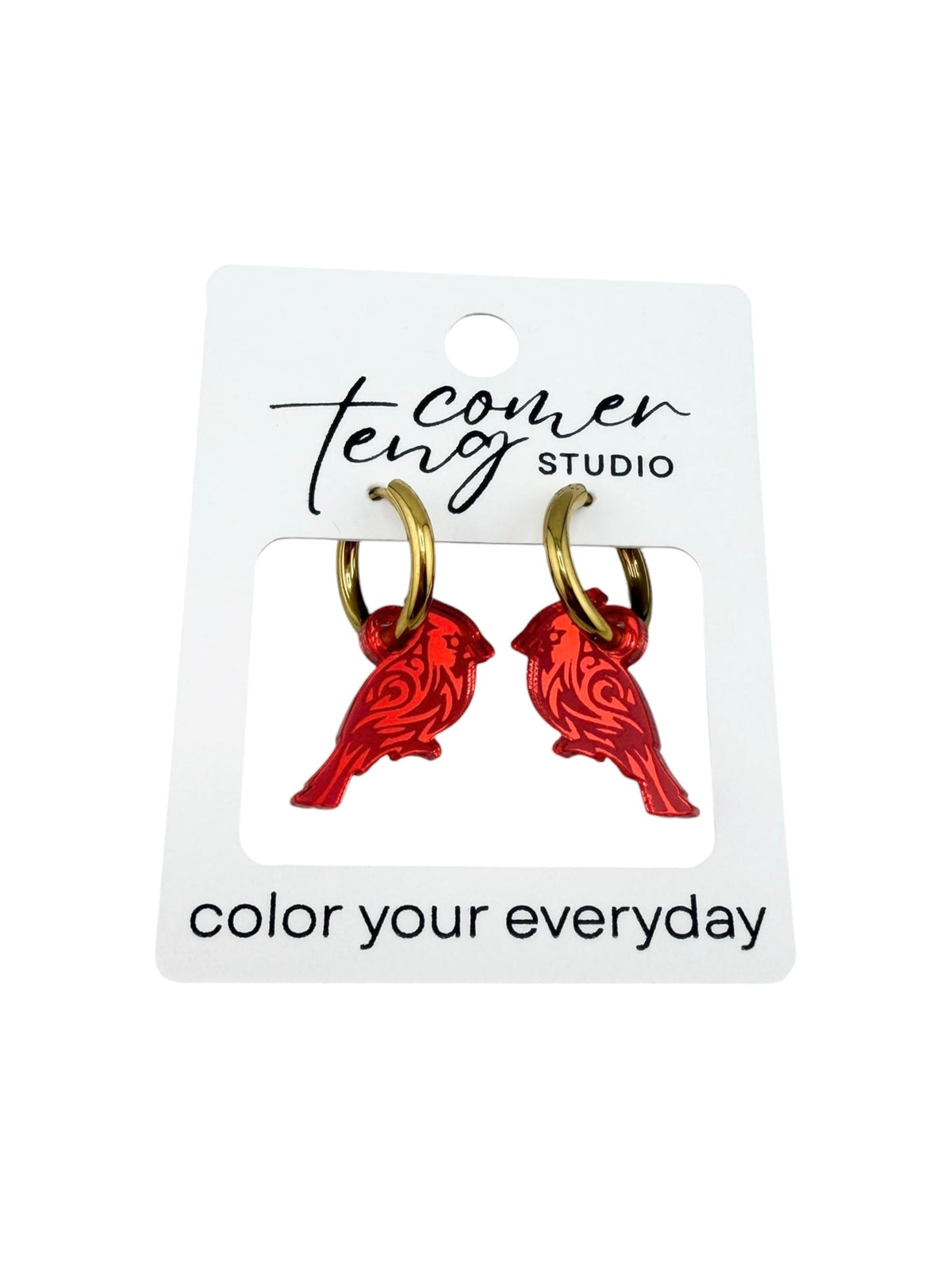 Red Shimmer Cardinal Charm Hoop Earrings | Interchangeable Winter Earrings