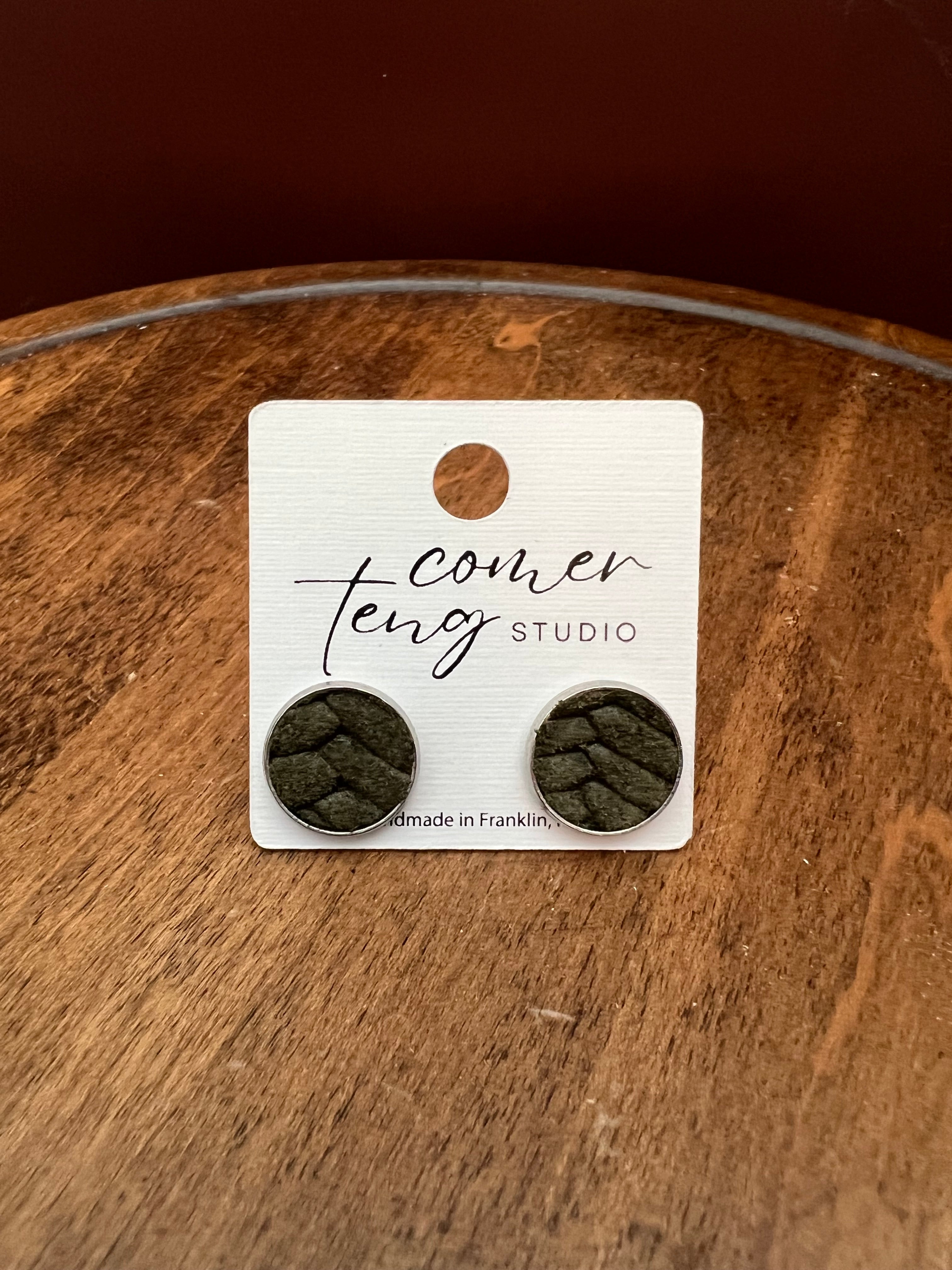 Olive Leather Fishtail Stud Earrings