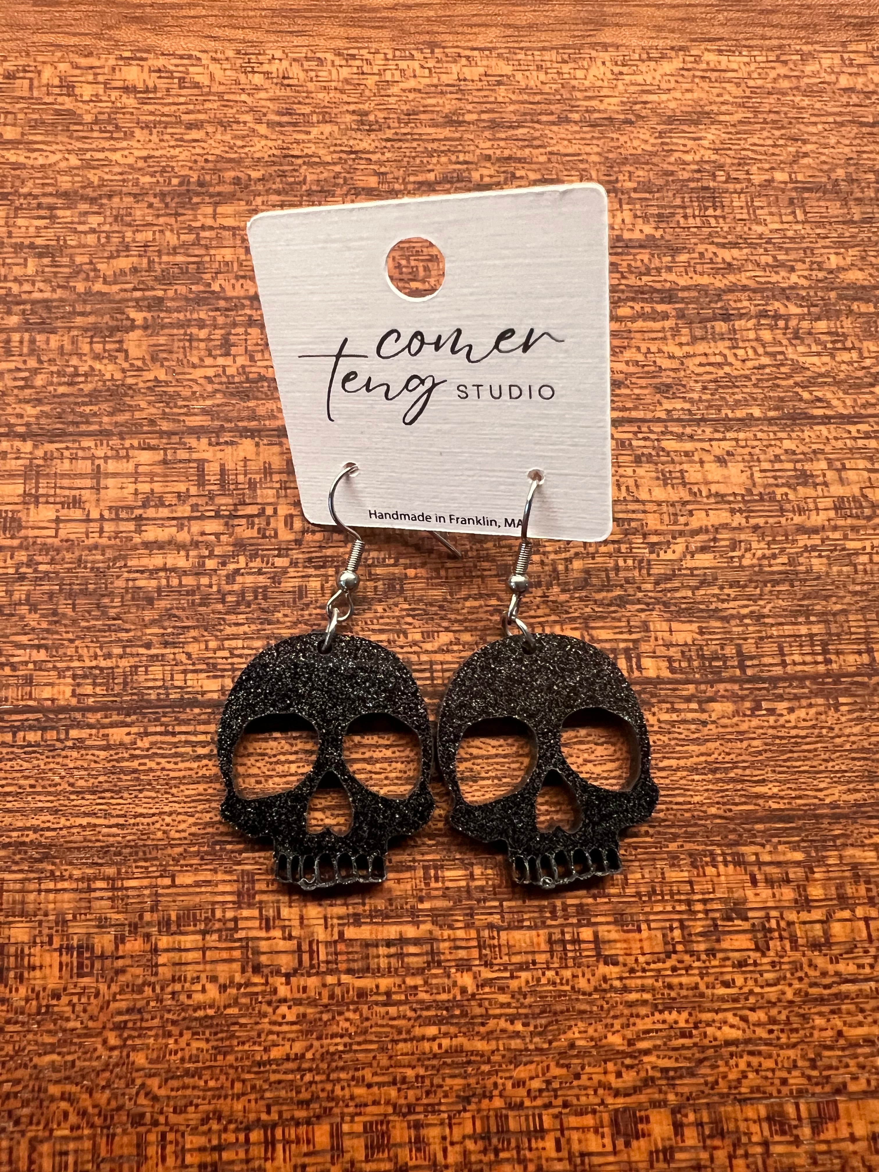 Mini Acrylic Black Sparkle Skull Earrings