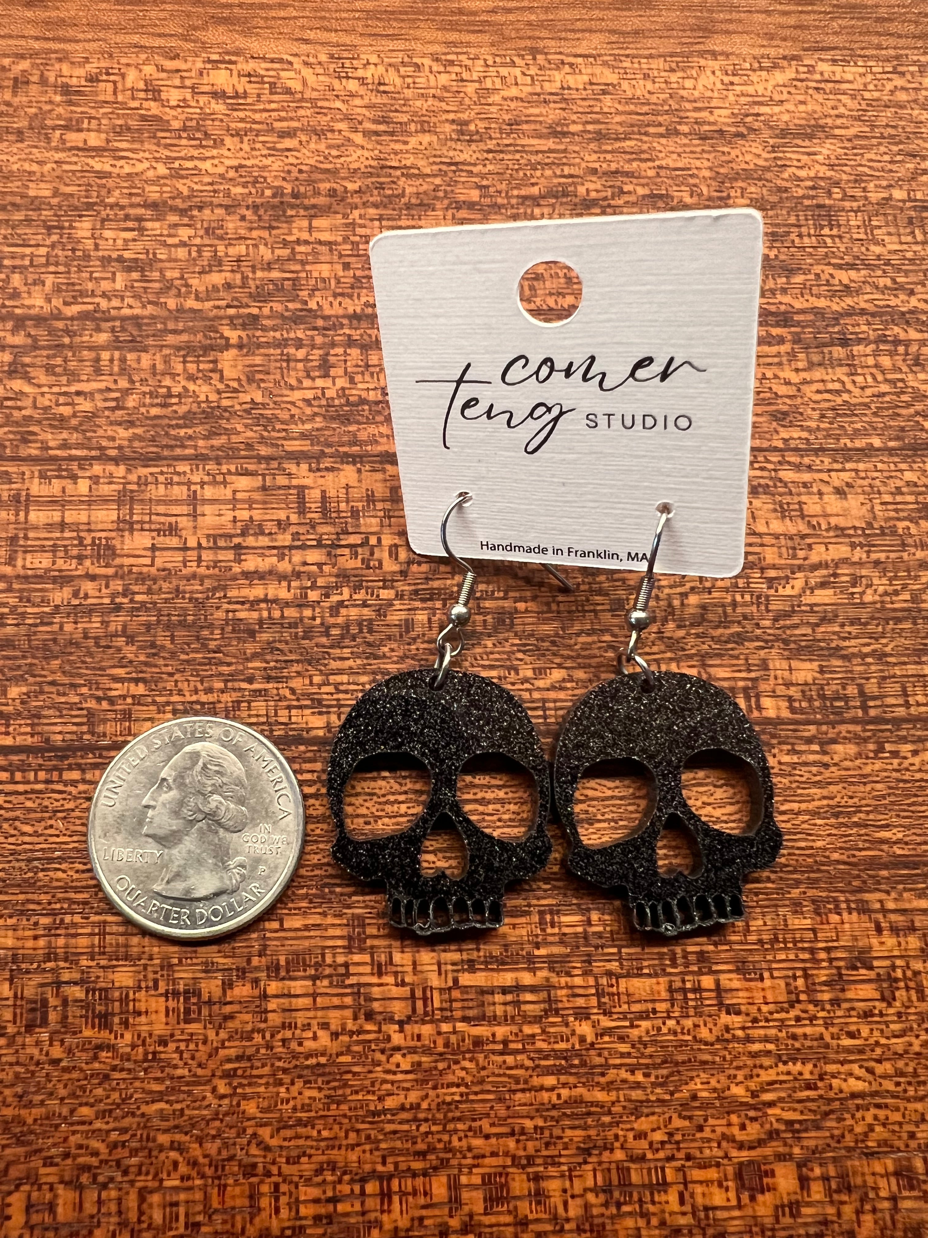 Mini Acrylic Black Sparkle Skull Earrings