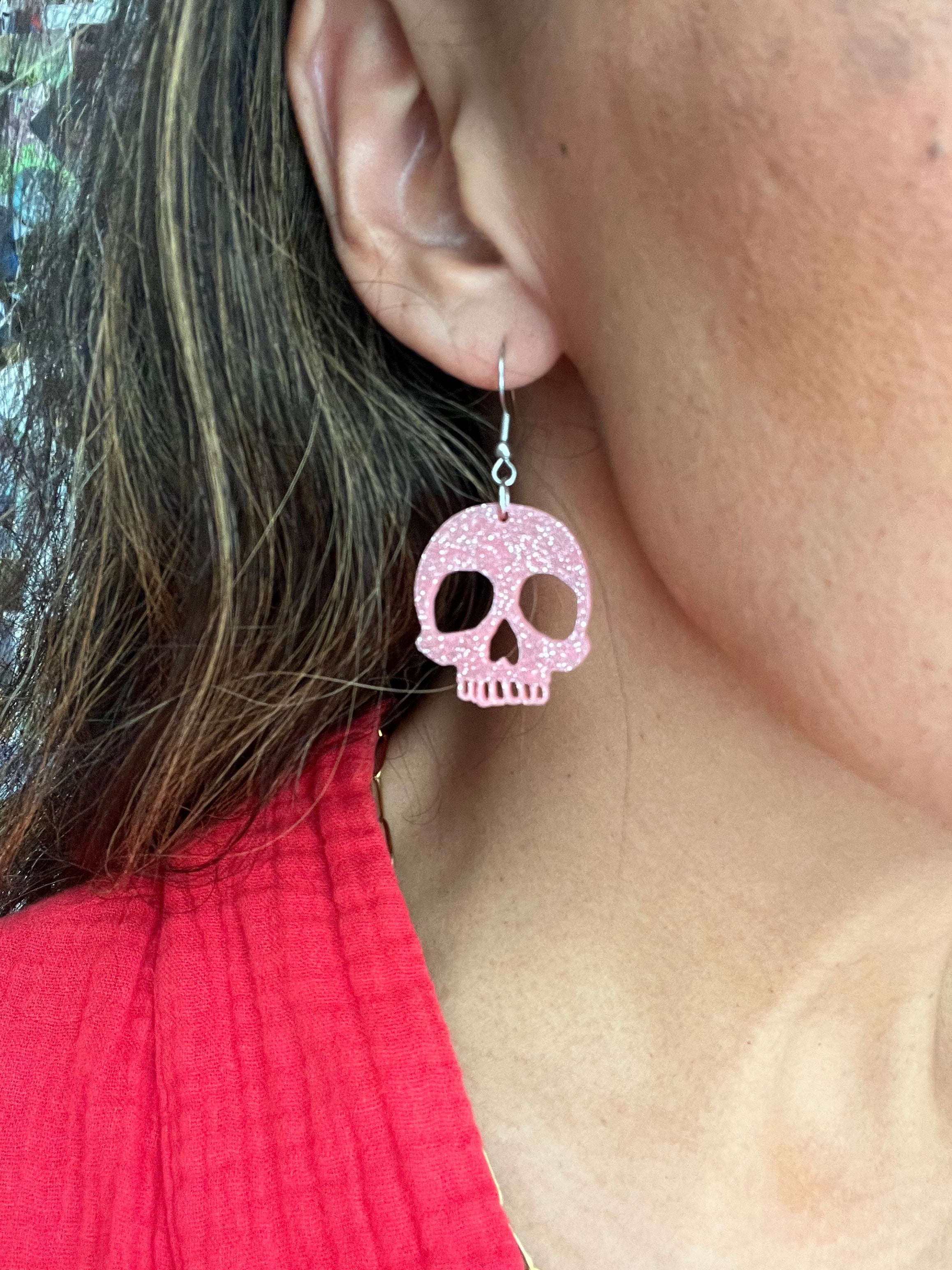 Mini Acrylic Pink Sparkle Skull Earrings