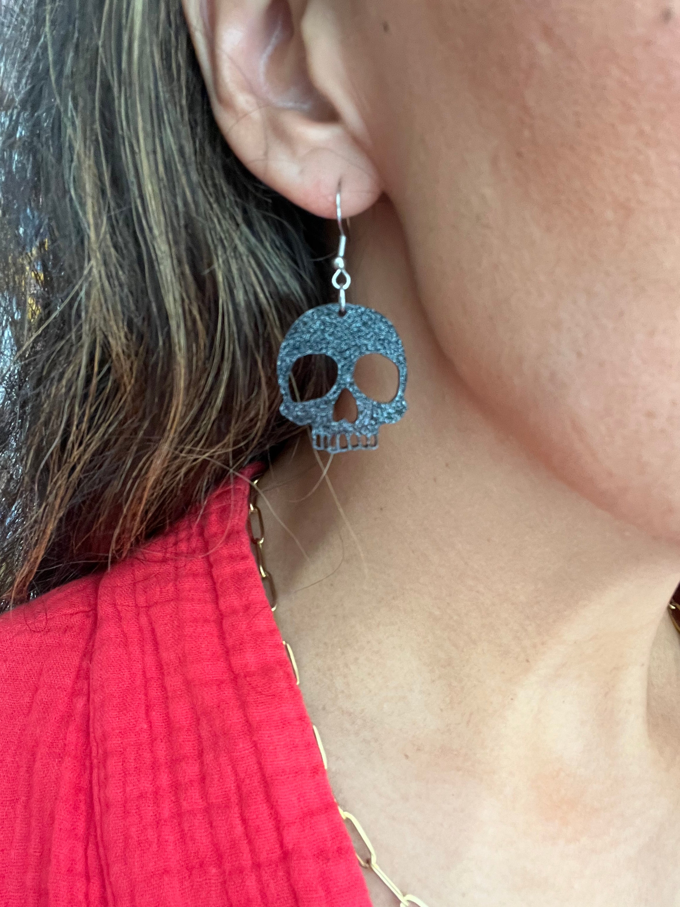 Mini Acrylic Black Sparkle Skull Earrings