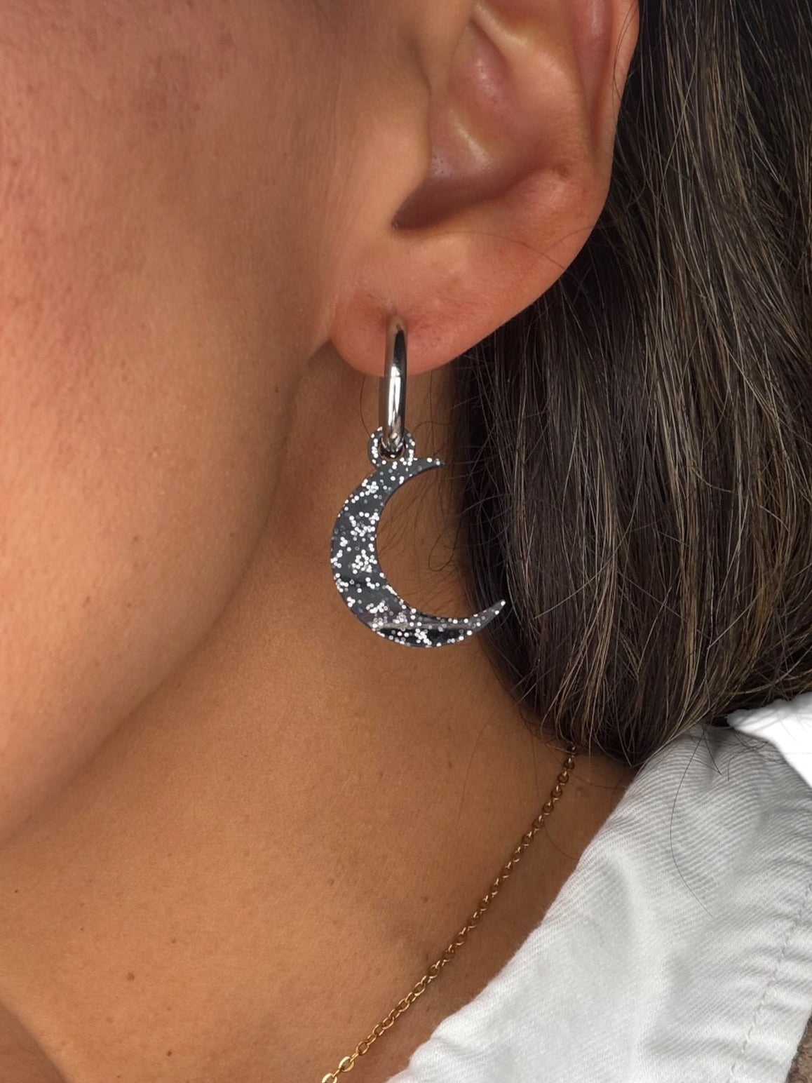 Black Sparkle Moon Charm Hoop Earrings | Interchangeable Celestial Earrings