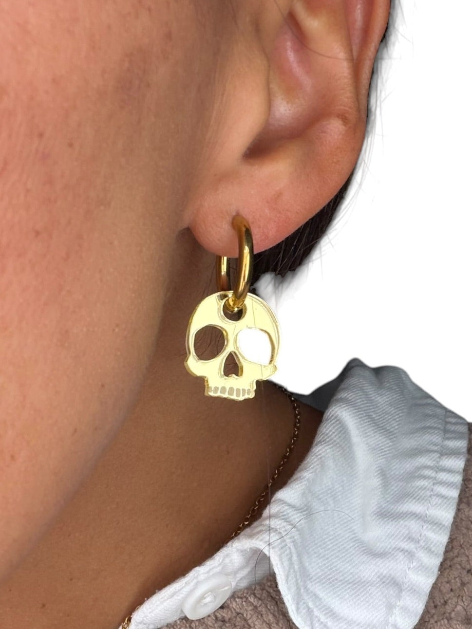 Gold Shimmer Skull Charm Hoop Earrings | Interchangeable Halloween Earrings