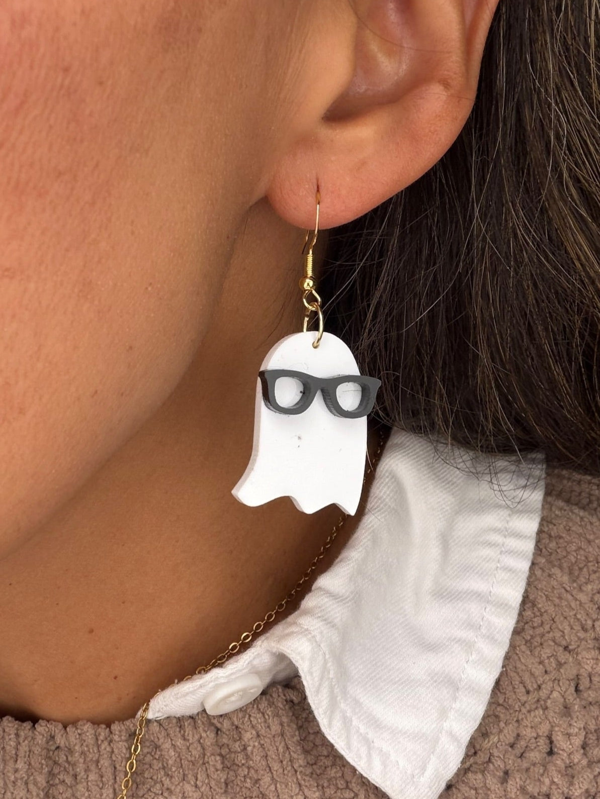 White Ghost Earrings with Glasses
